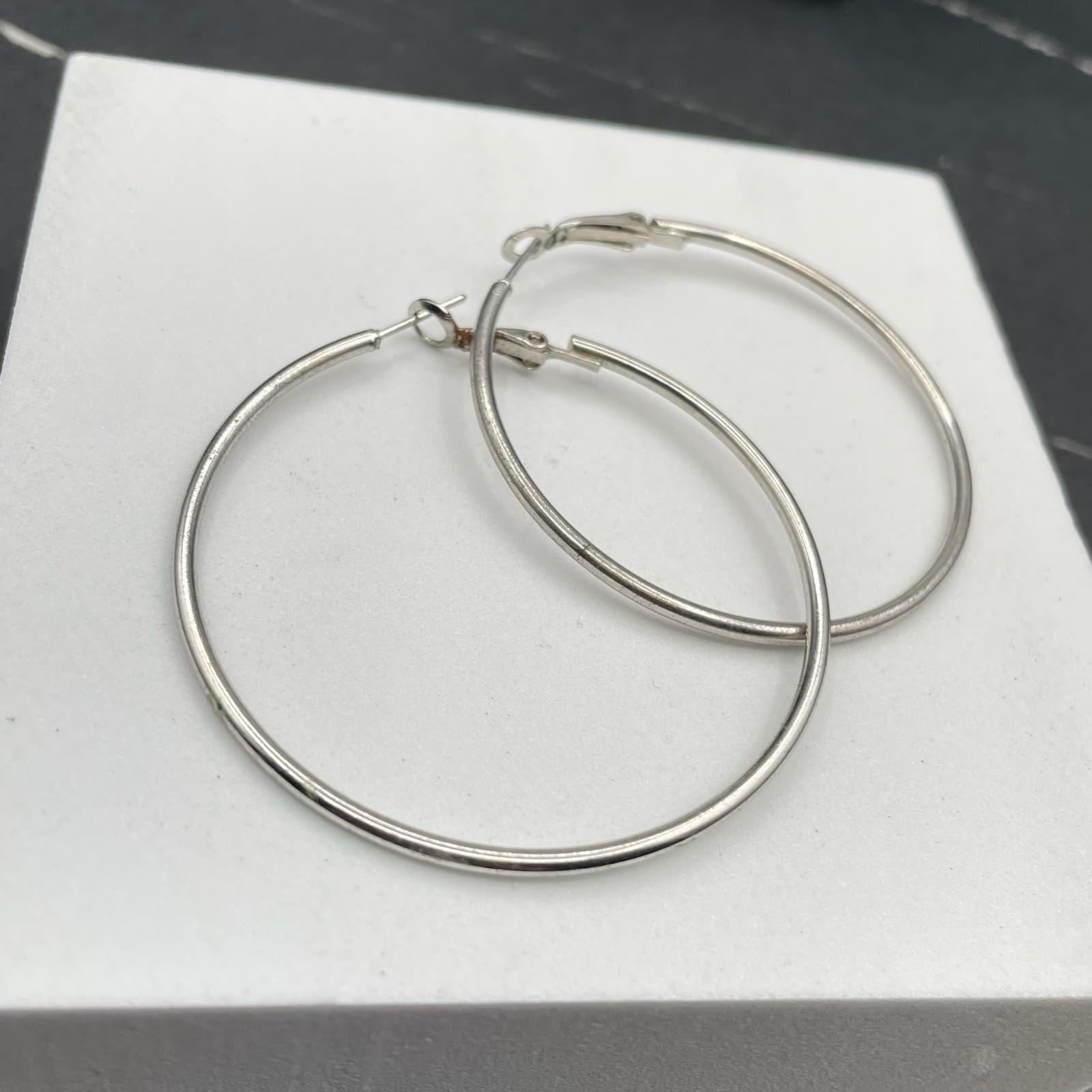 Lot of 3 Silver-Tone Classic Fashion Costume Jewelry Hoop Hinged Post Earrings - Thumbnail 3