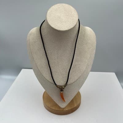 Vintage Black Cord Necklace Faux Horn Orange Tusk Pendant Tribal Statement Charm - Thumbnail 2