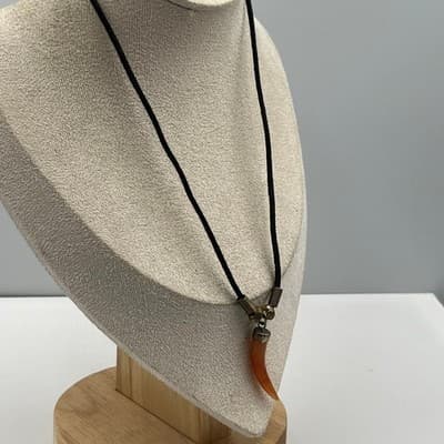 Vintage Black Cord Necklace Faux Horn Orange Tusk Pendant Tribal Statement Charm - Thumbnail 6