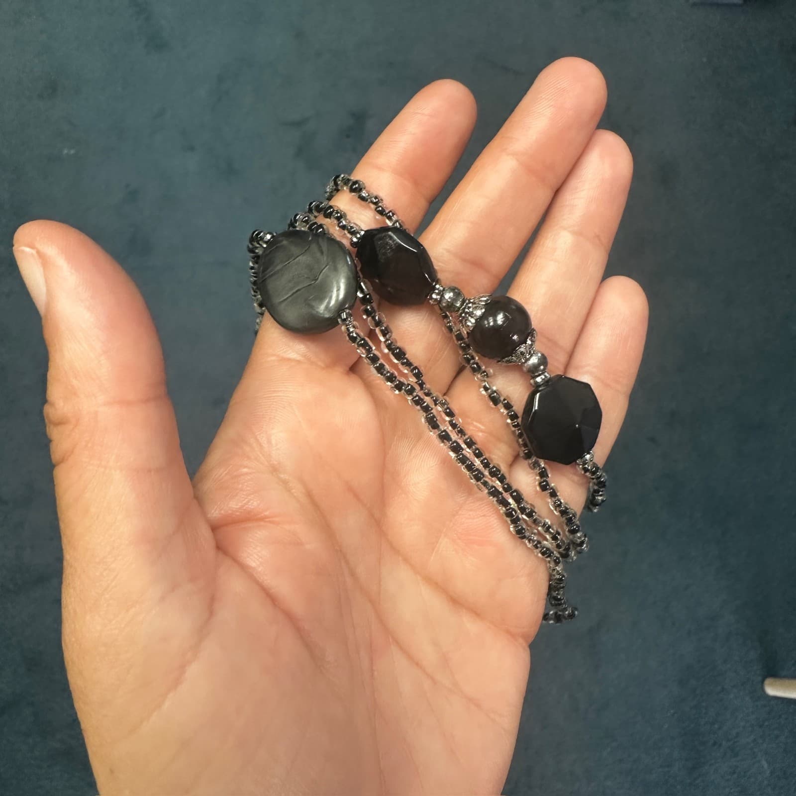 Vintage Black Beaded Long Necklace w/ Geometric Accents Minimalist Chic - Thumbnail 4