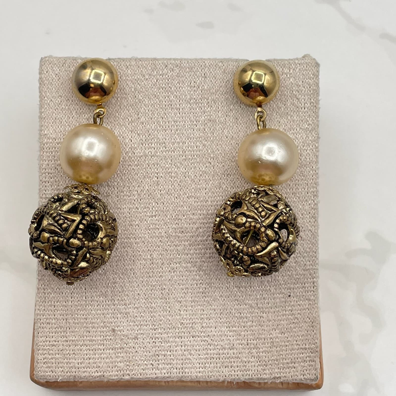 Vintage Faux Pearl Dangle Earrings Ornate Filigree Gold Tone Ball Post Back - Image 1