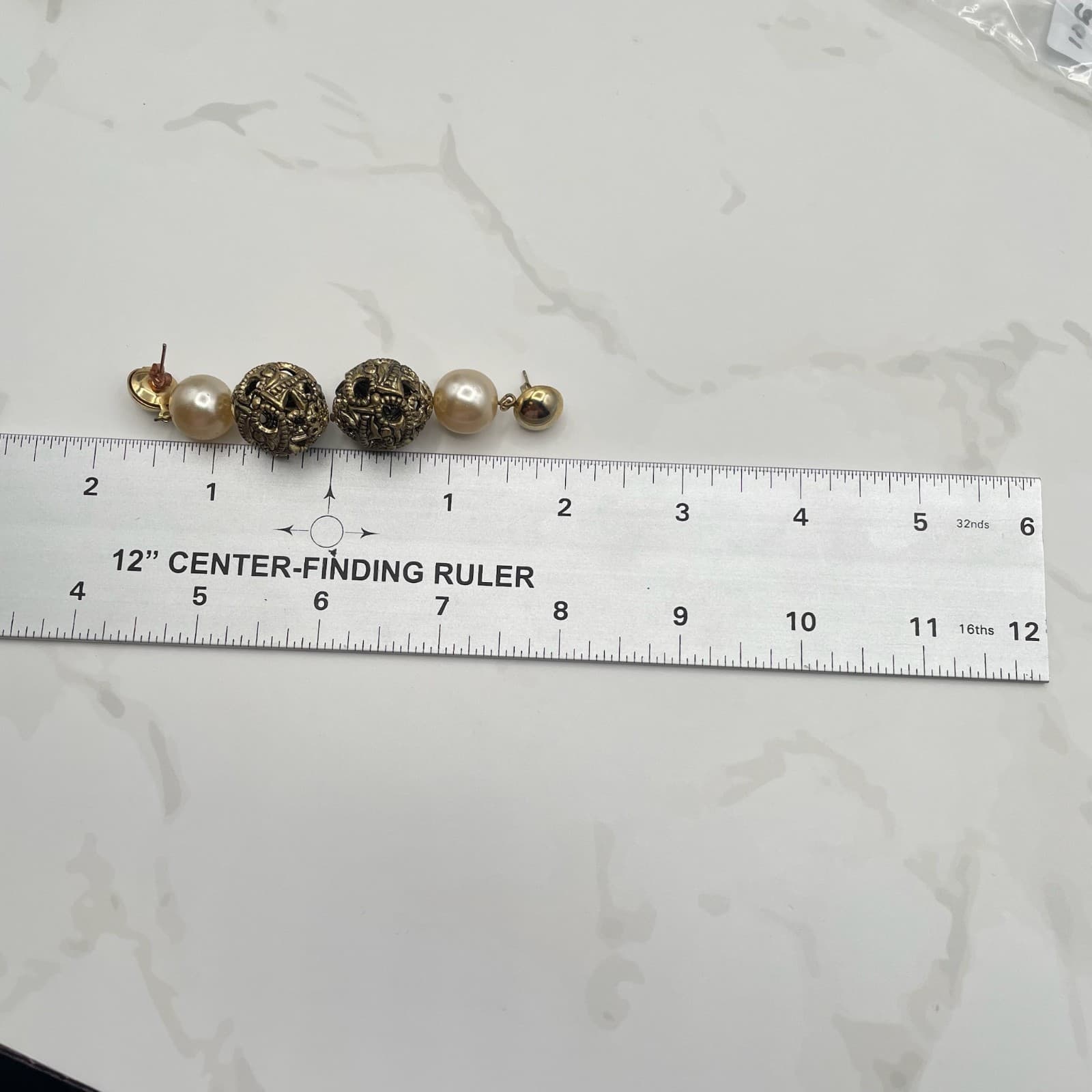 Vintage Faux Pearl Dangle Earrings Ornate Filigree Gold Tone Ball Post Back - Thumbnail 2