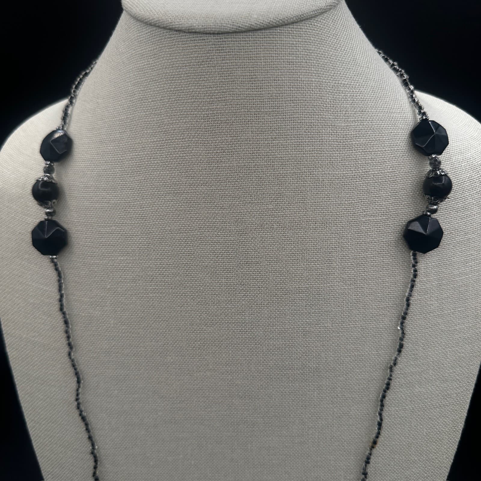 Vintage Black Beaded Long Necklace w/ Geometric Accents Minimalist Chic - Thumbnail 2