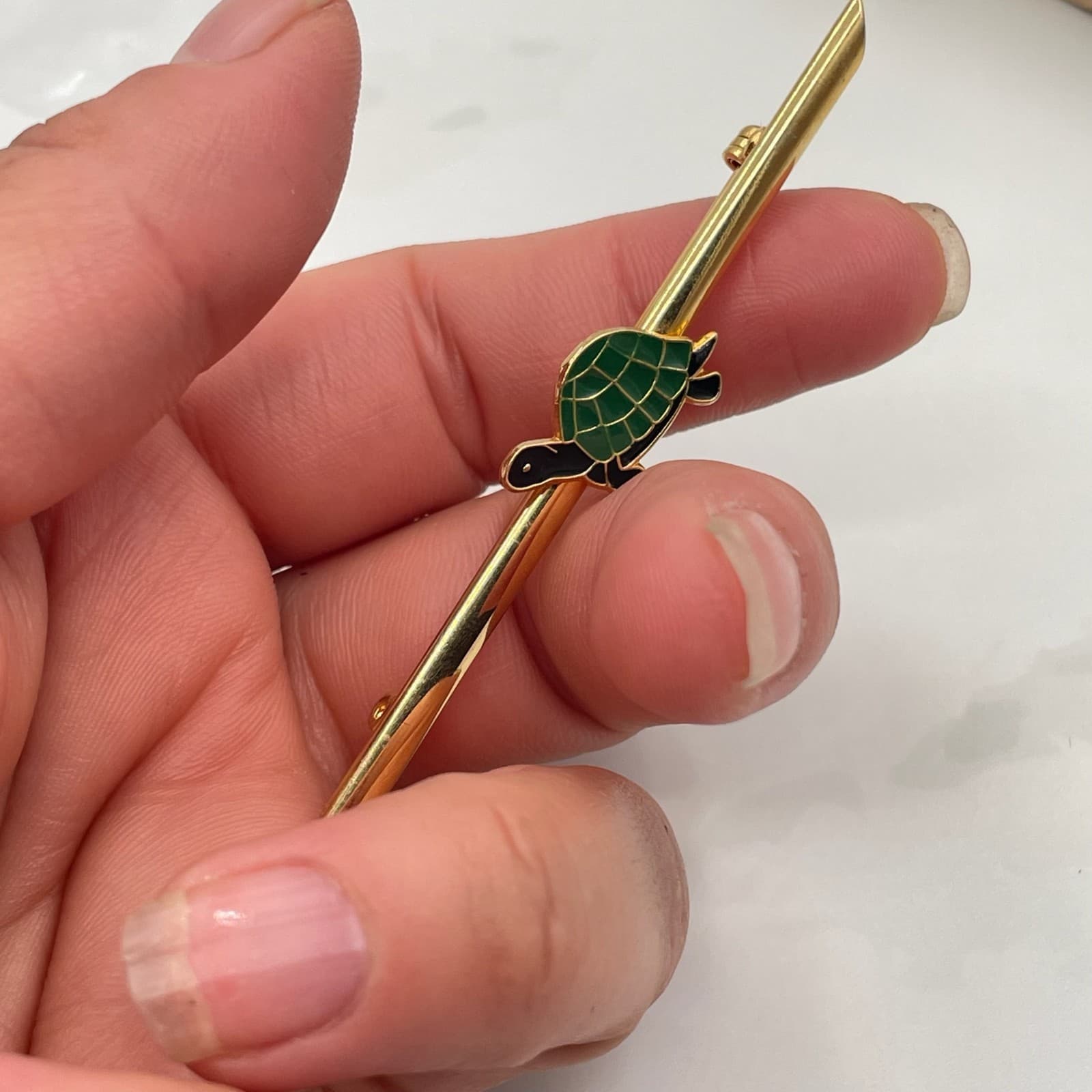 Vintage Gold Tone Bar Brooch Pin Green Black Enamel Turtle Sea Animal Lapel Fine - Thumbnail 5