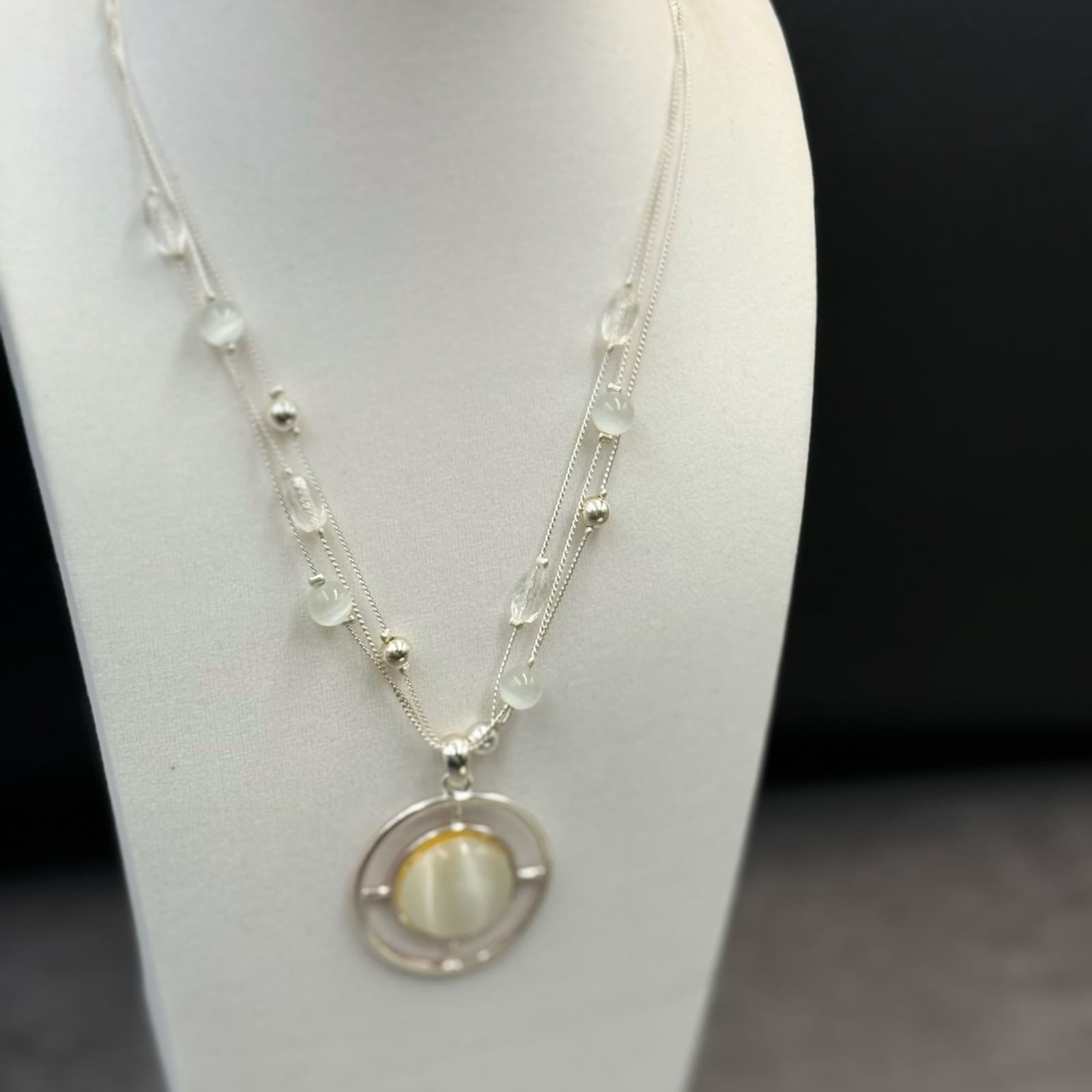 Vintage VTG Dual Strand Pendant Necklace White Cats Eye Stone Silver Tone Beaded - Thumbnail 15