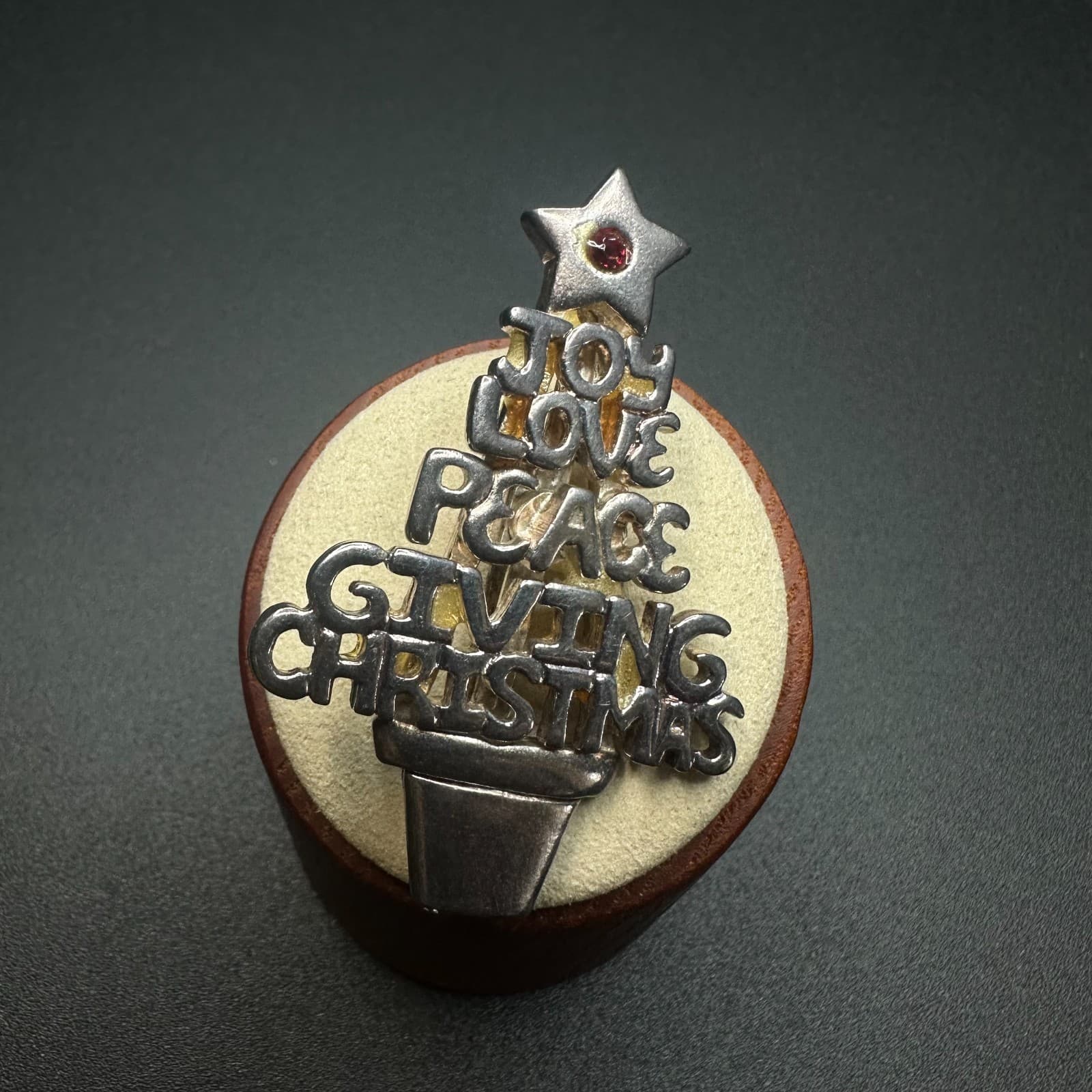 Vintage Joy Love Peace Giving Christmas Tree Pin – Holiday Brooch - Image 1