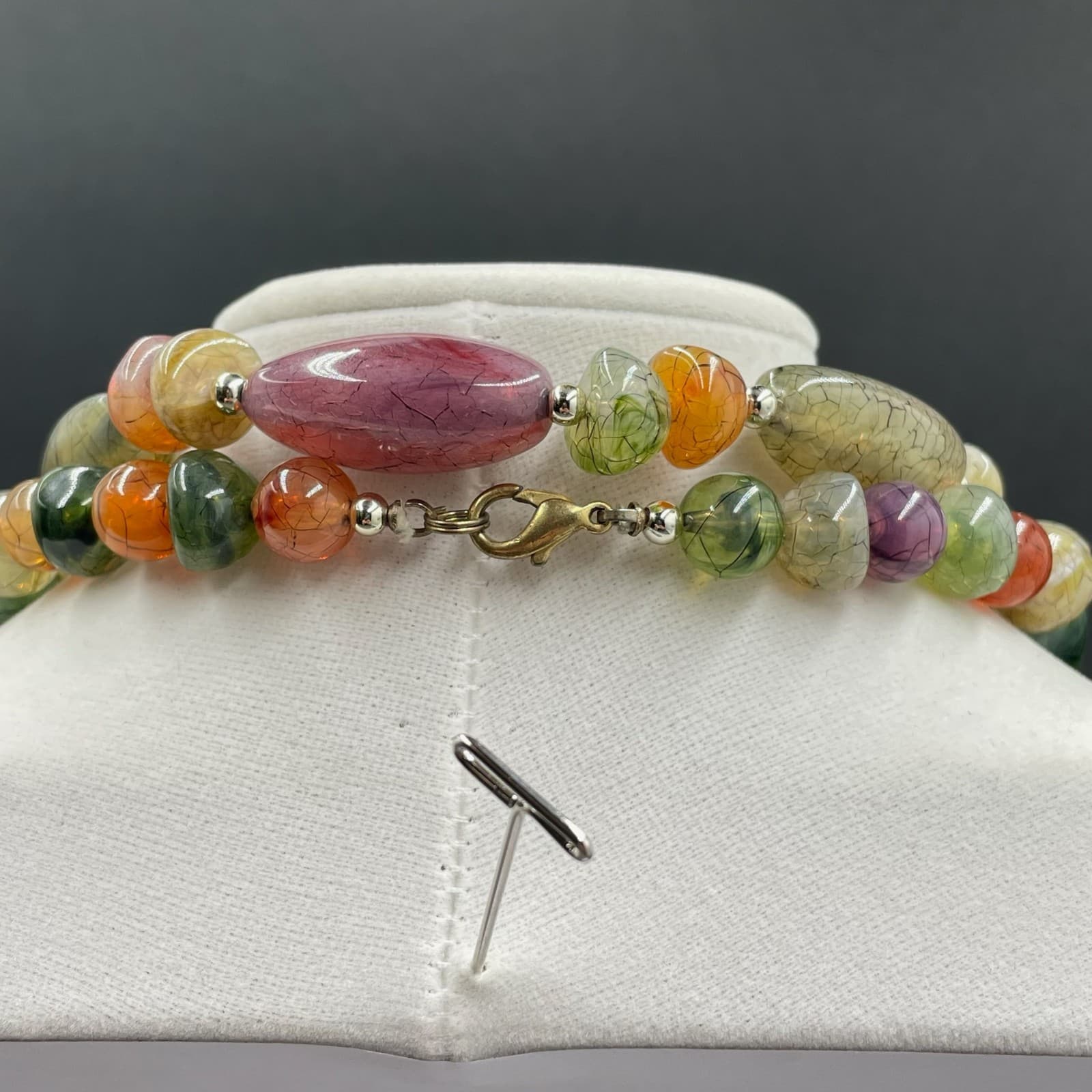 Vintage Gemstone Multi-Colored Dyed Beaded Lobster Claw Classic Chocker Necklace - Thumbnail 9