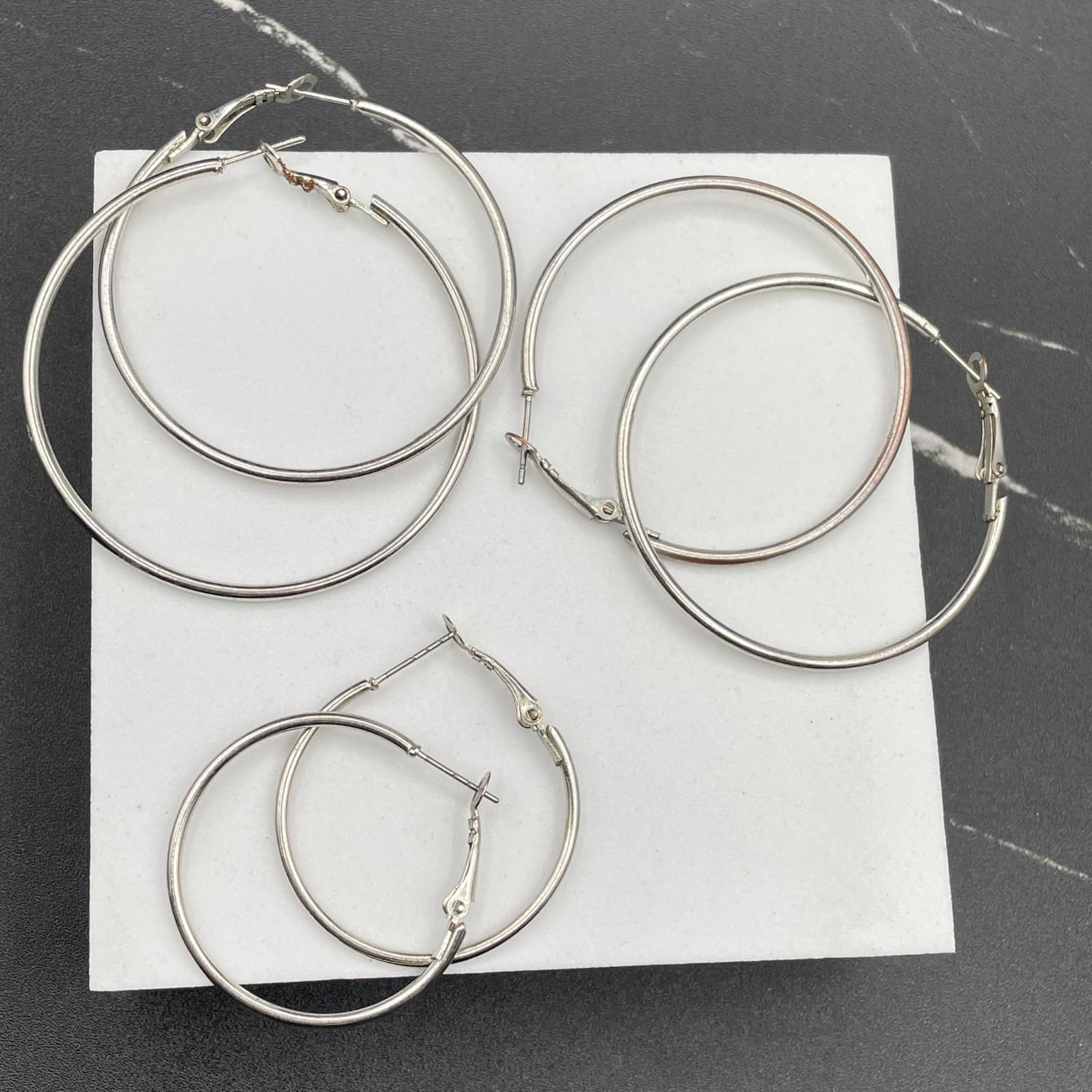 Lot of 3 Silver-Tone Classic Fashion Costume Jewelry Hoop Hinged Post Earrings - Image 1