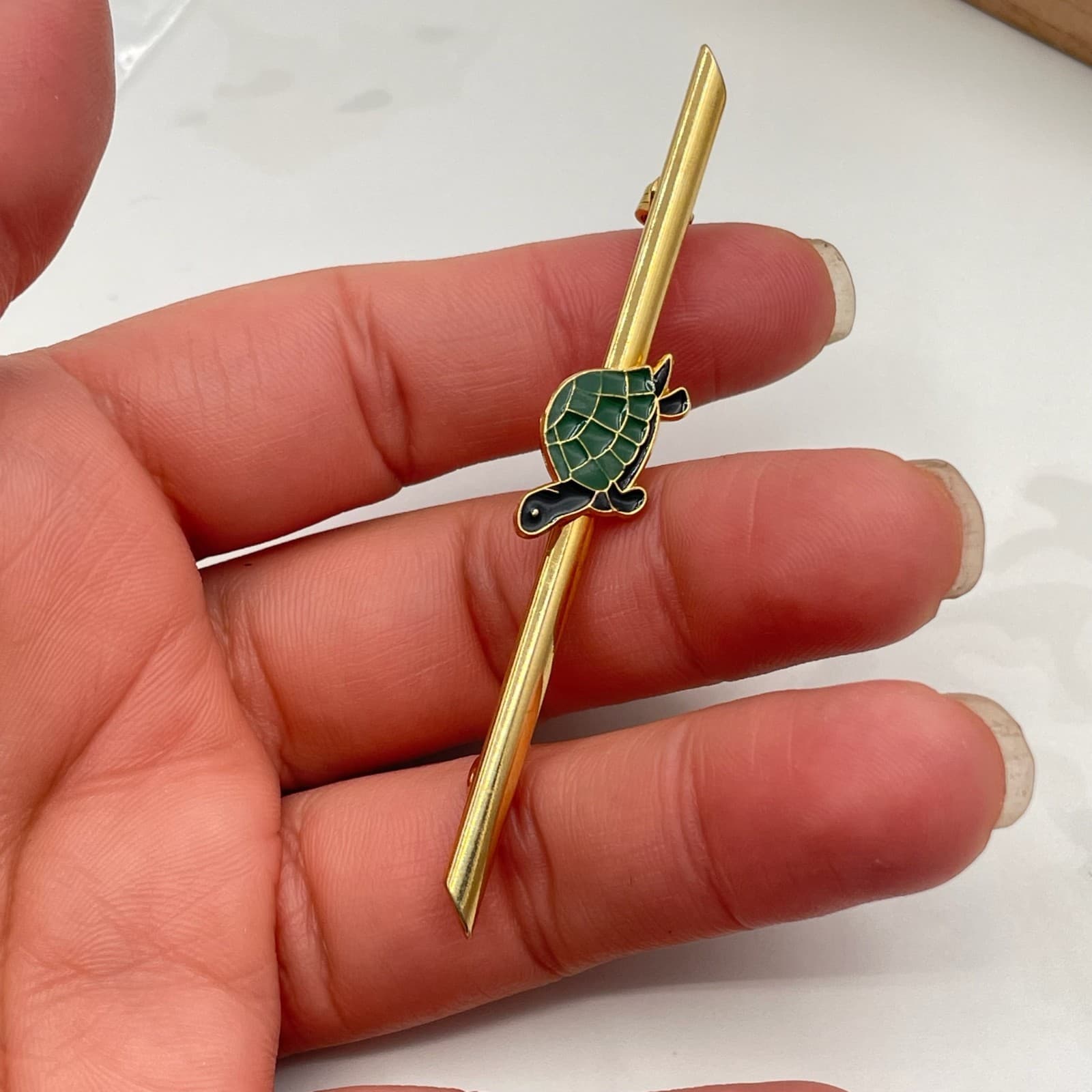 Vintage Gold Tone Bar Brooch Pin Green Black Enamel Turtle Sea Animal Lapel Fine - Thumbnail 12