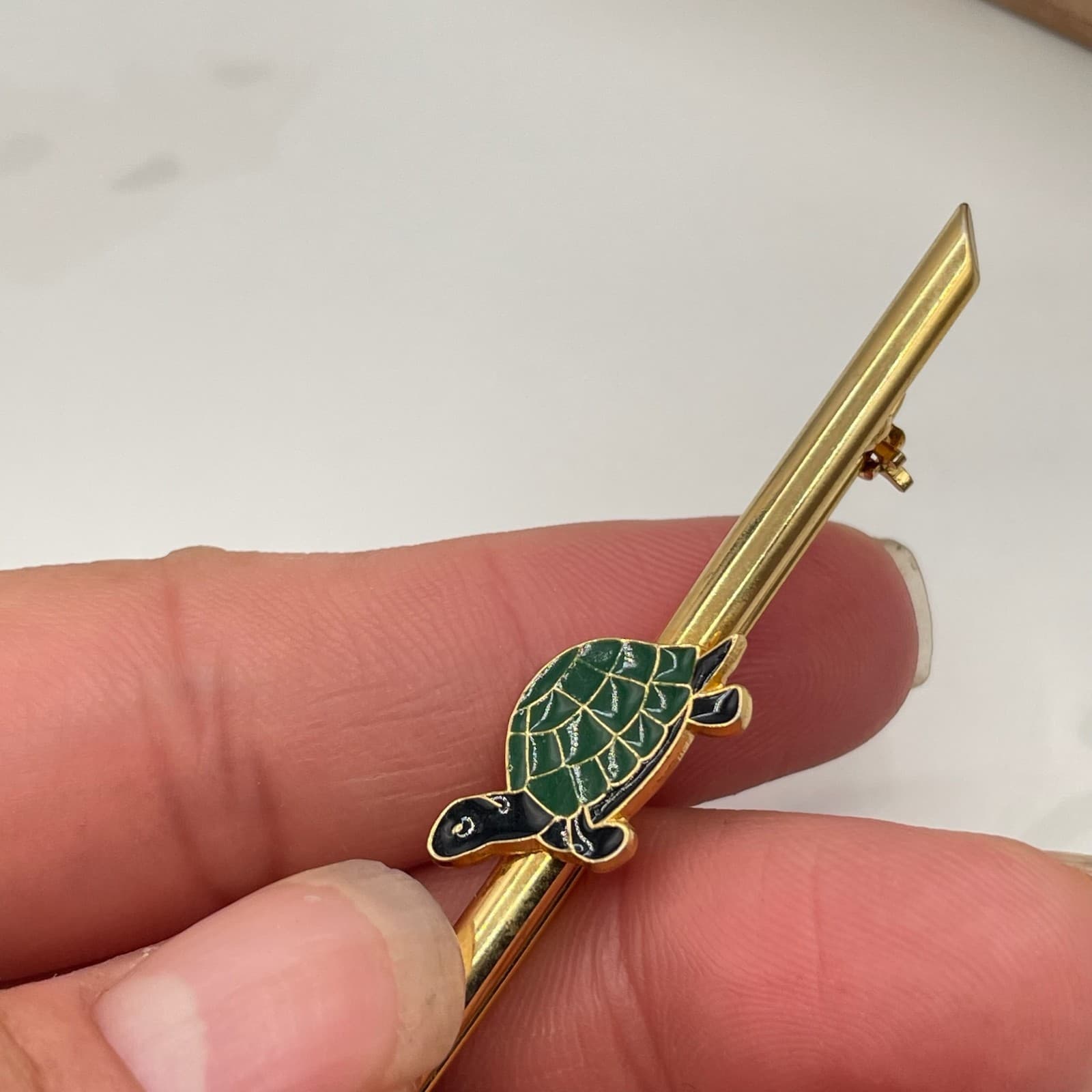 Vintage Gold Tone Bar Brooch Pin Green Black Enamel Turtle Sea Animal Lapel Fine - Thumbnail 9