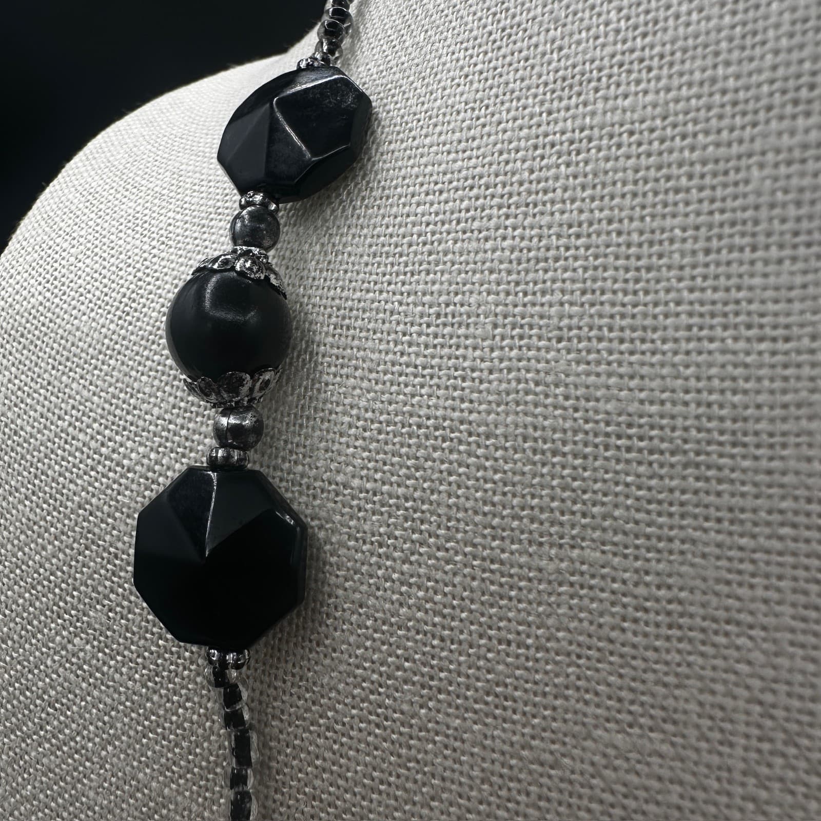 Vintage Black Beaded Long Necklace w/ Geometric Accents Minimalist Chic - Thumbnail 3