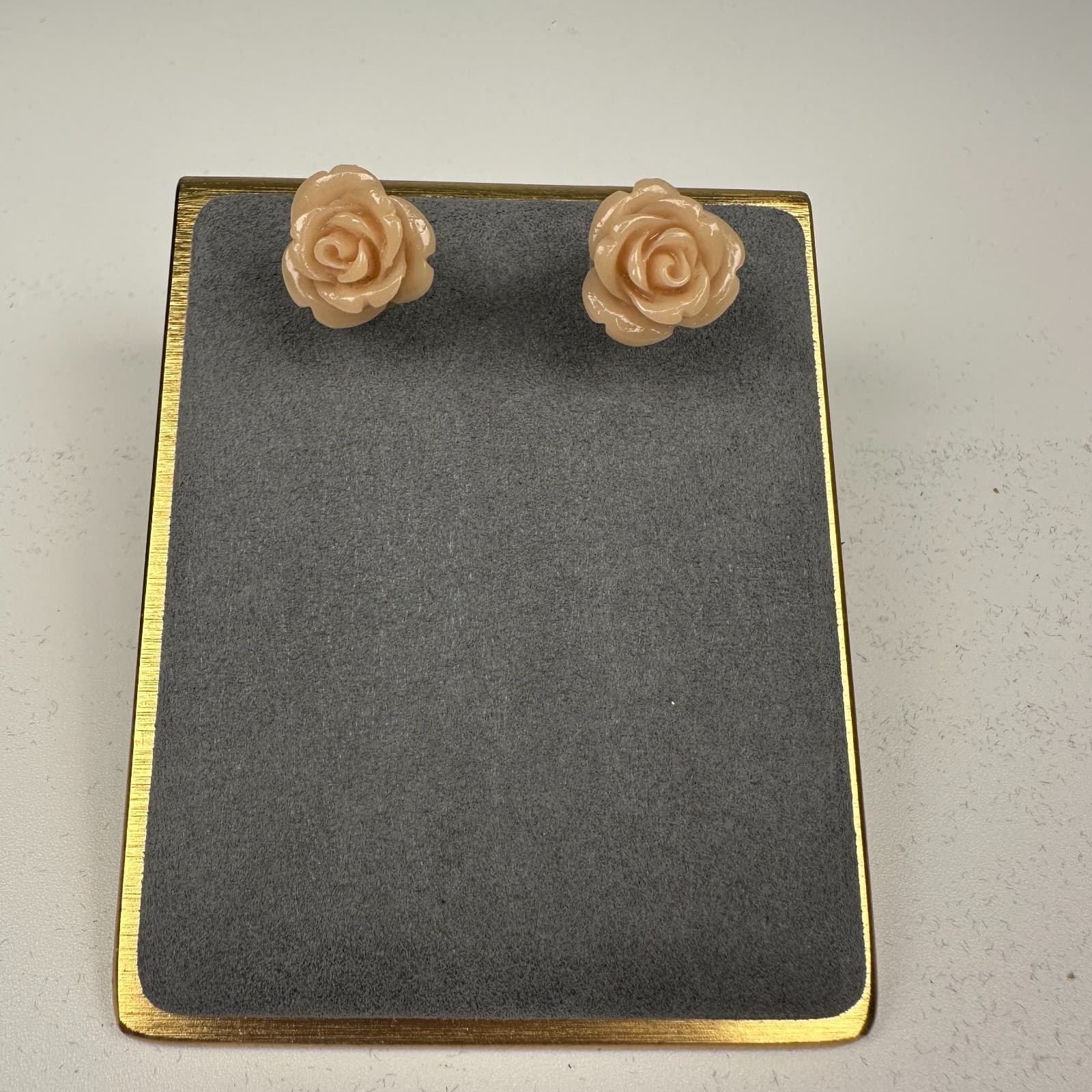 Vintage Carved Rose Stud Earrings Beige Floral Resin - Image 1