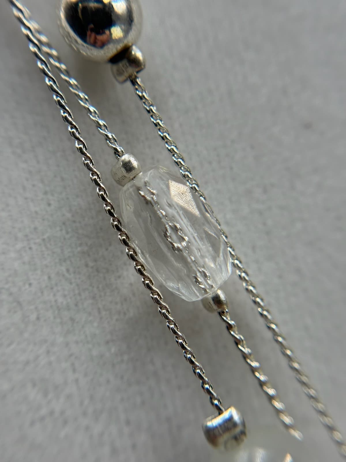 Vintage VTG Dual Strand Pendant Necklace White Cats Eye Stone Silver Tone Beaded - Thumbnail 4