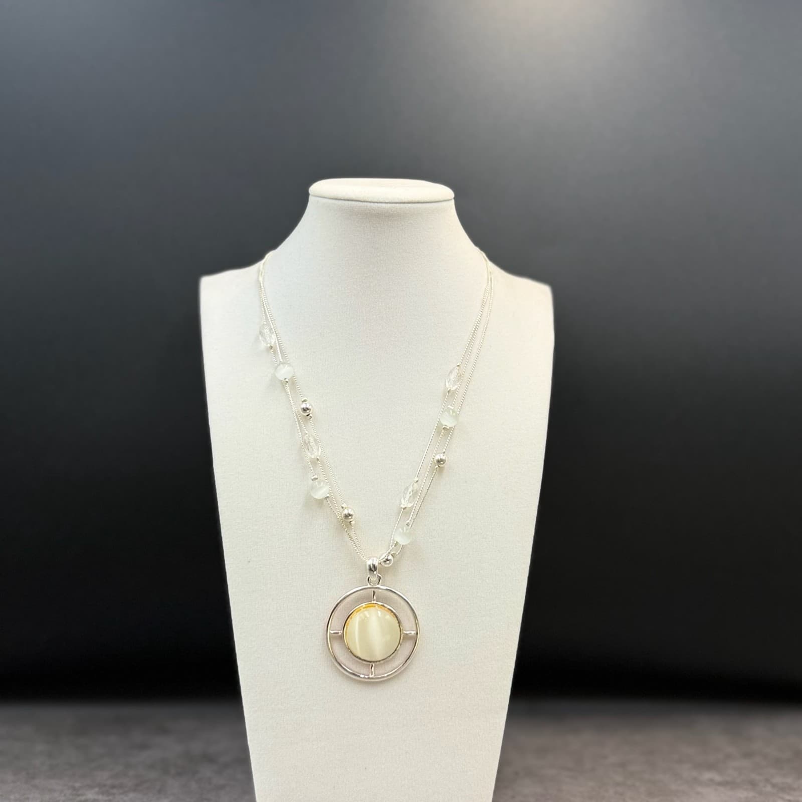 Vintage VTG Dual Strand Pendant Necklace White Cats Eye Stone Silver Tone Beaded - Image 1