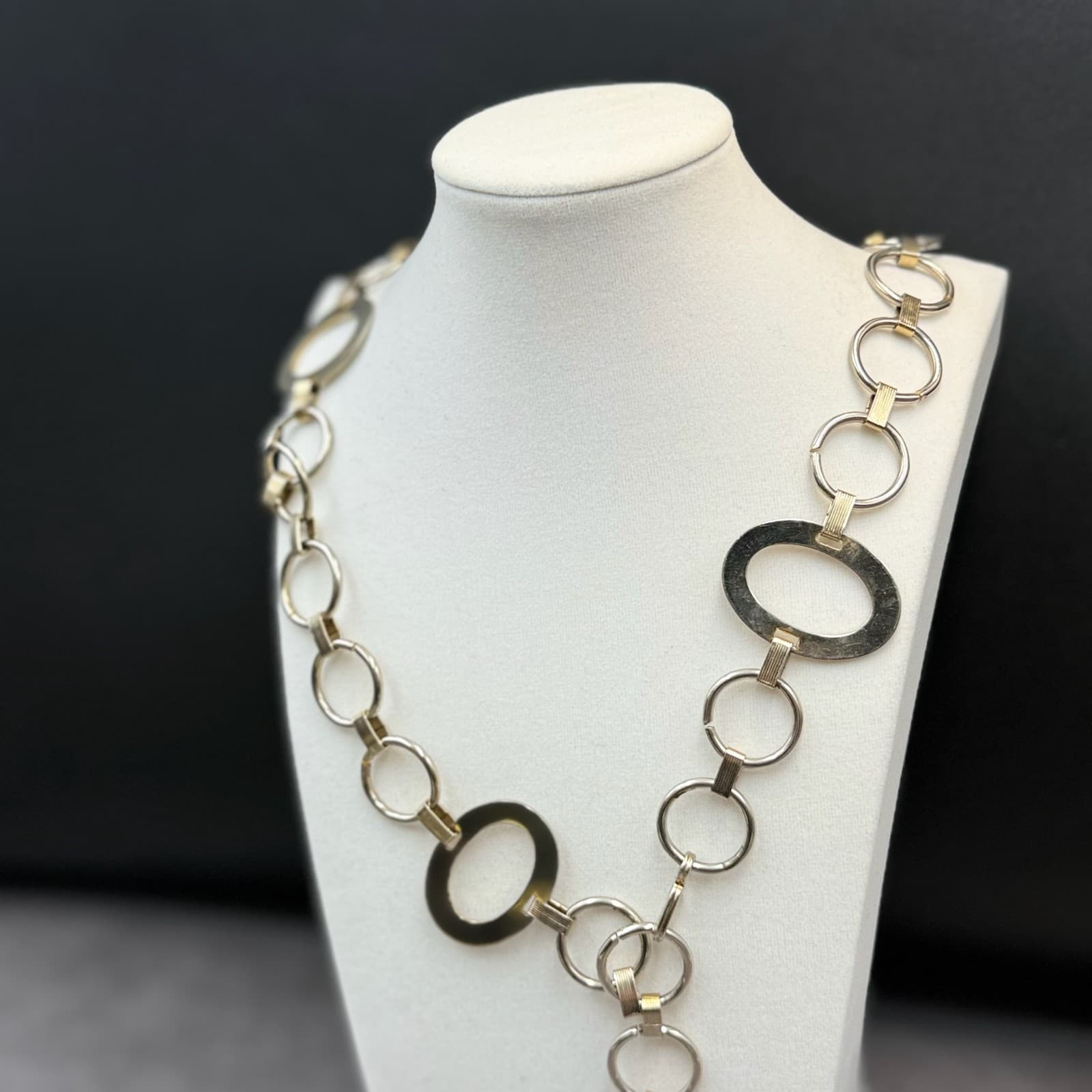 Vintage Bold Two Tone Gold Silver Chunky Open Circle Oval Link Statement Chain - Thumbnail 8