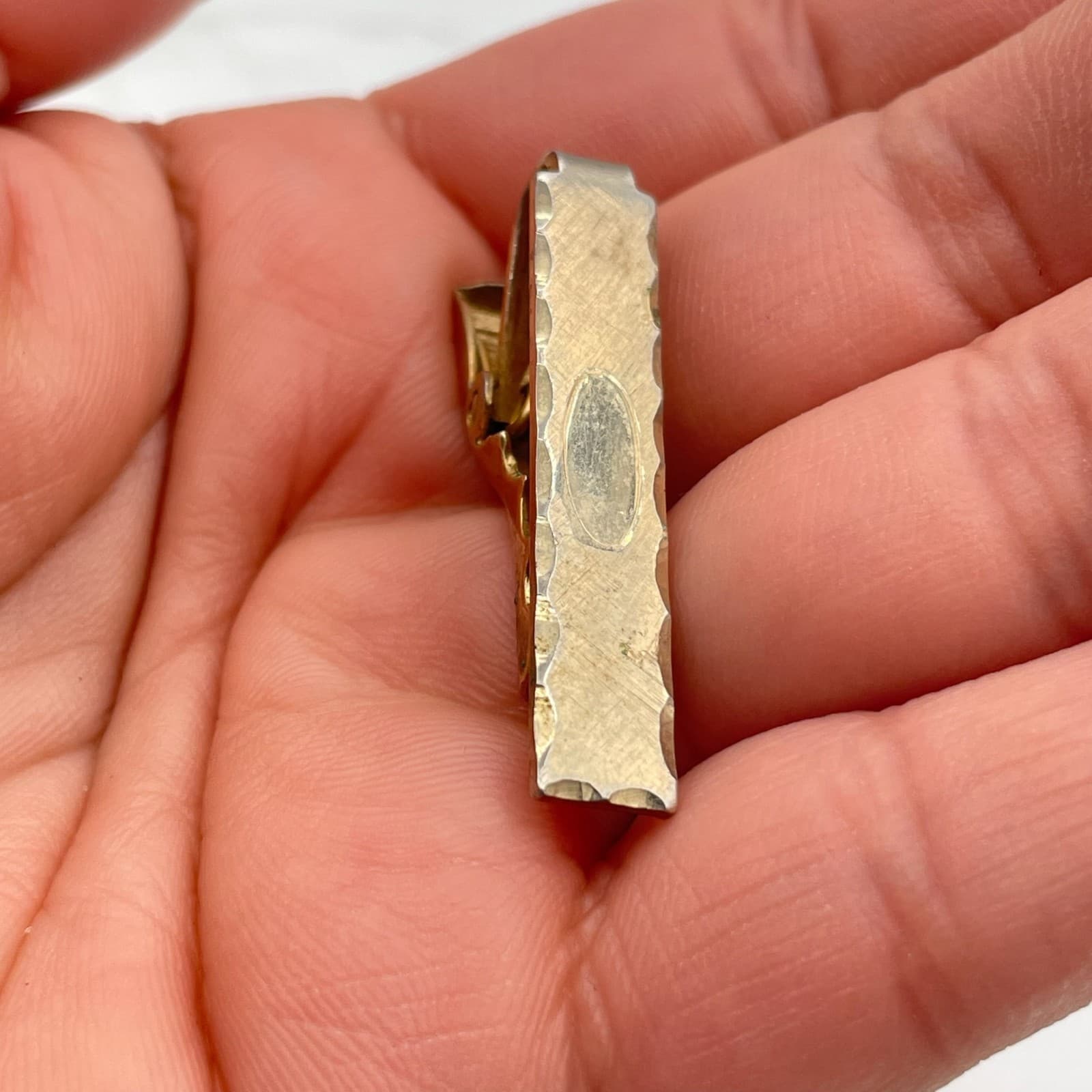 Vintage Gold Tone Tie Clip Bar Textured Hammered Engraving Space Classic Men - Thumbnail 6