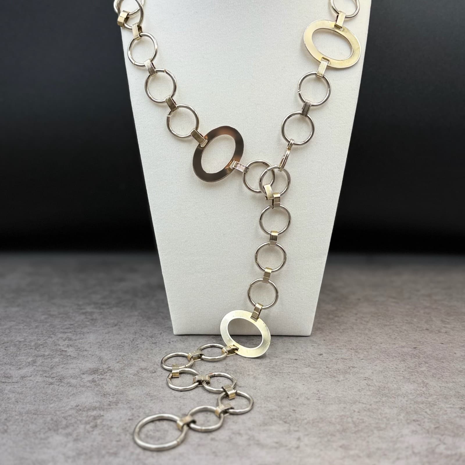 Vintage Bold Two Tone Gold Silver Chunky Open Circle Oval Link Statement Chain - Thumbnail 7