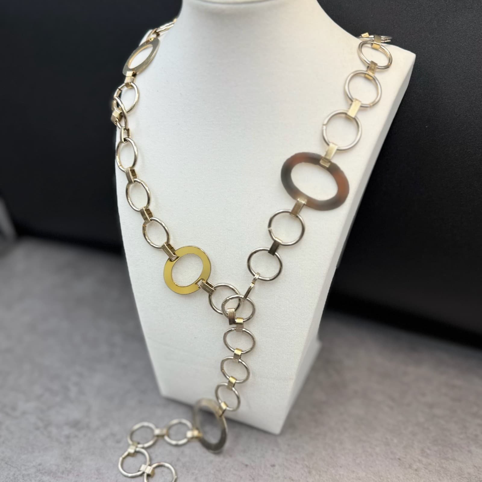 Vintage Bold Two Tone Gold Silver Chunky Open Circle Oval Link Statement Chain - Thumbnail 3