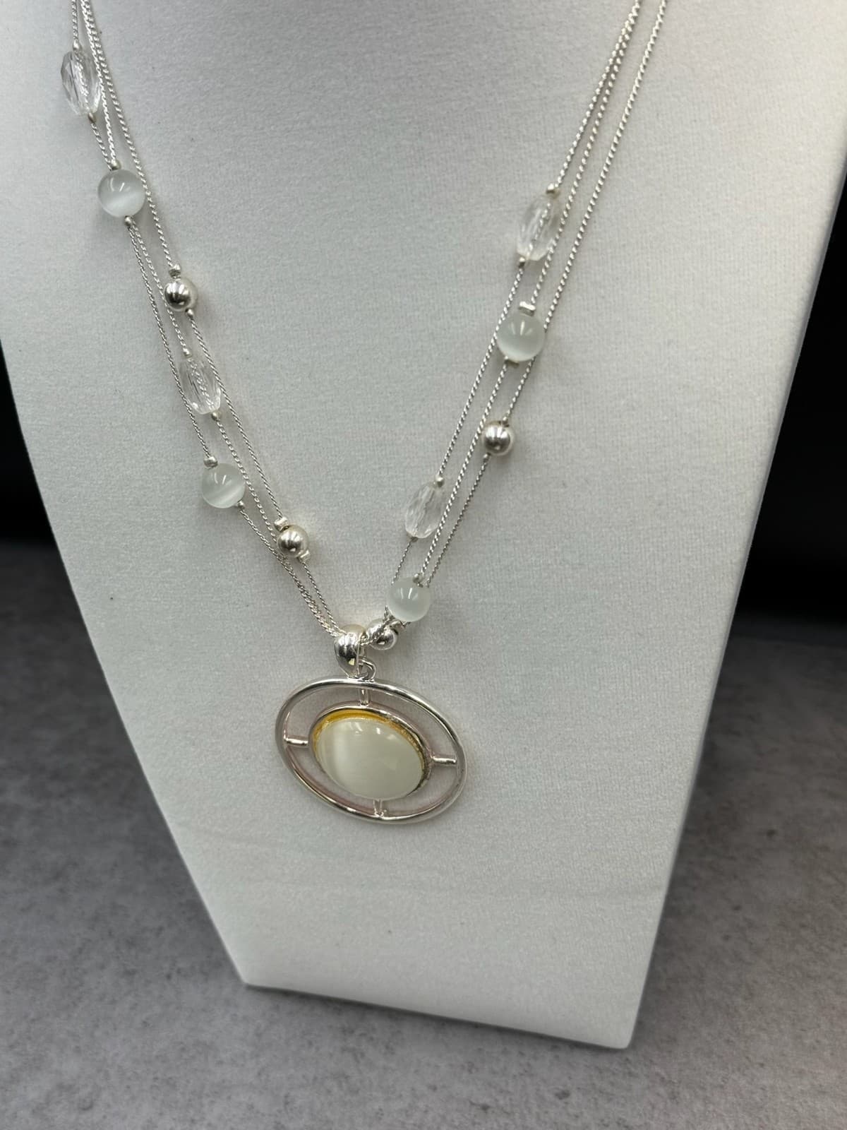 Vintage VTG Dual Strand Pendant Necklace White Cats Eye Stone Silver Tone Beaded - Thumbnail 12