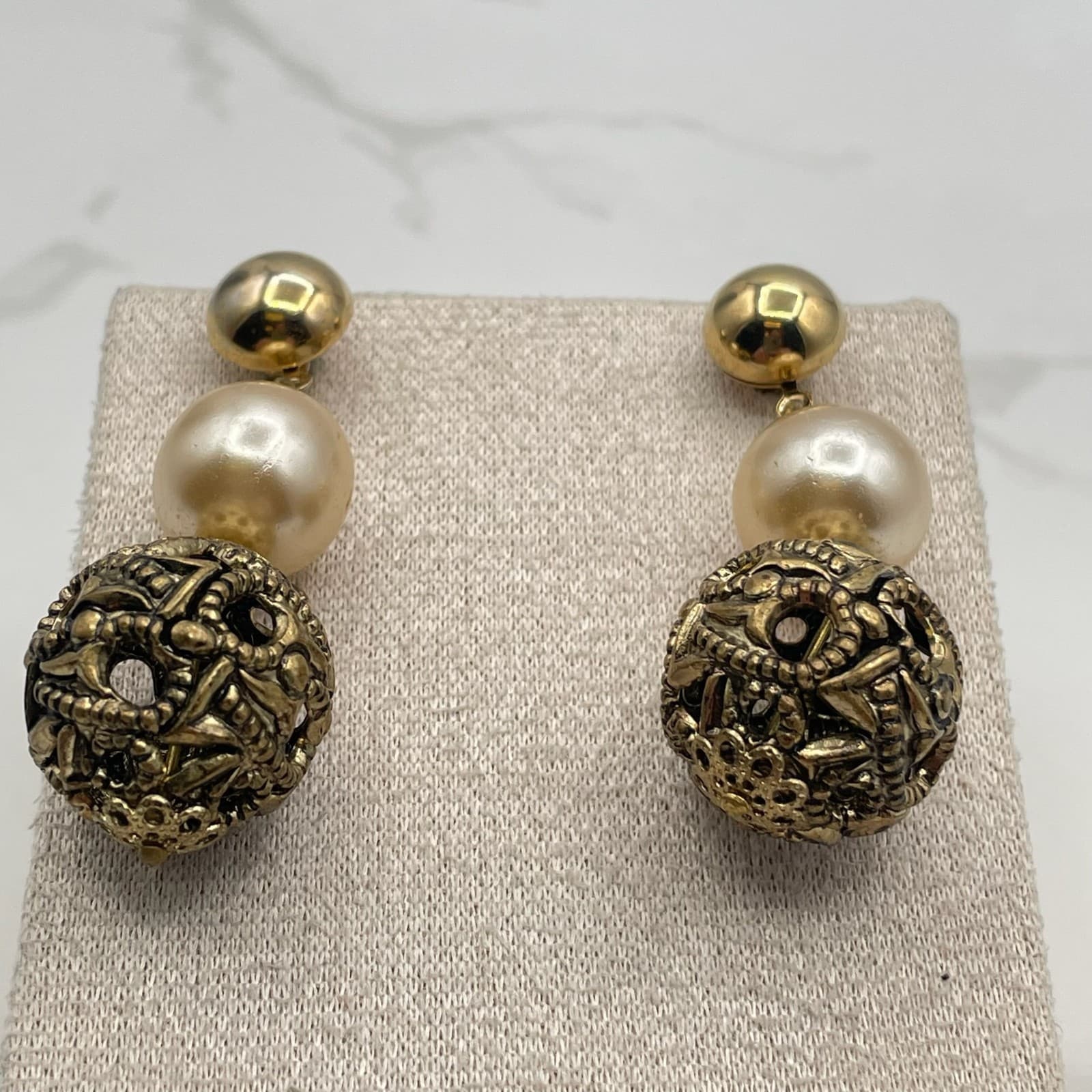 Vintage Faux Pearl Dangle Earrings Ornate Filigree Gold Tone Ball Post Back - Thumbnail 5