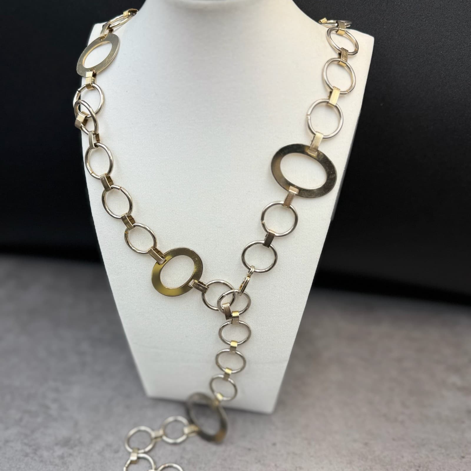 Vintage Bold Two Tone Gold Silver Chunky Open Circle Oval Link Statement Chain - Thumbnail 2