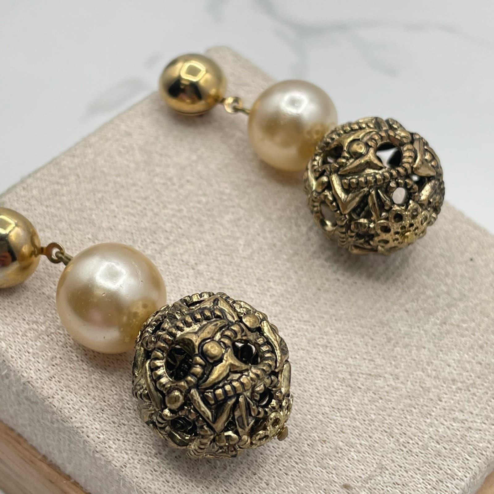 Vintage Faux Pearl Dangle Earrings Ornate Filigree Gold Tone Ball Post Back - Thumbnail 6