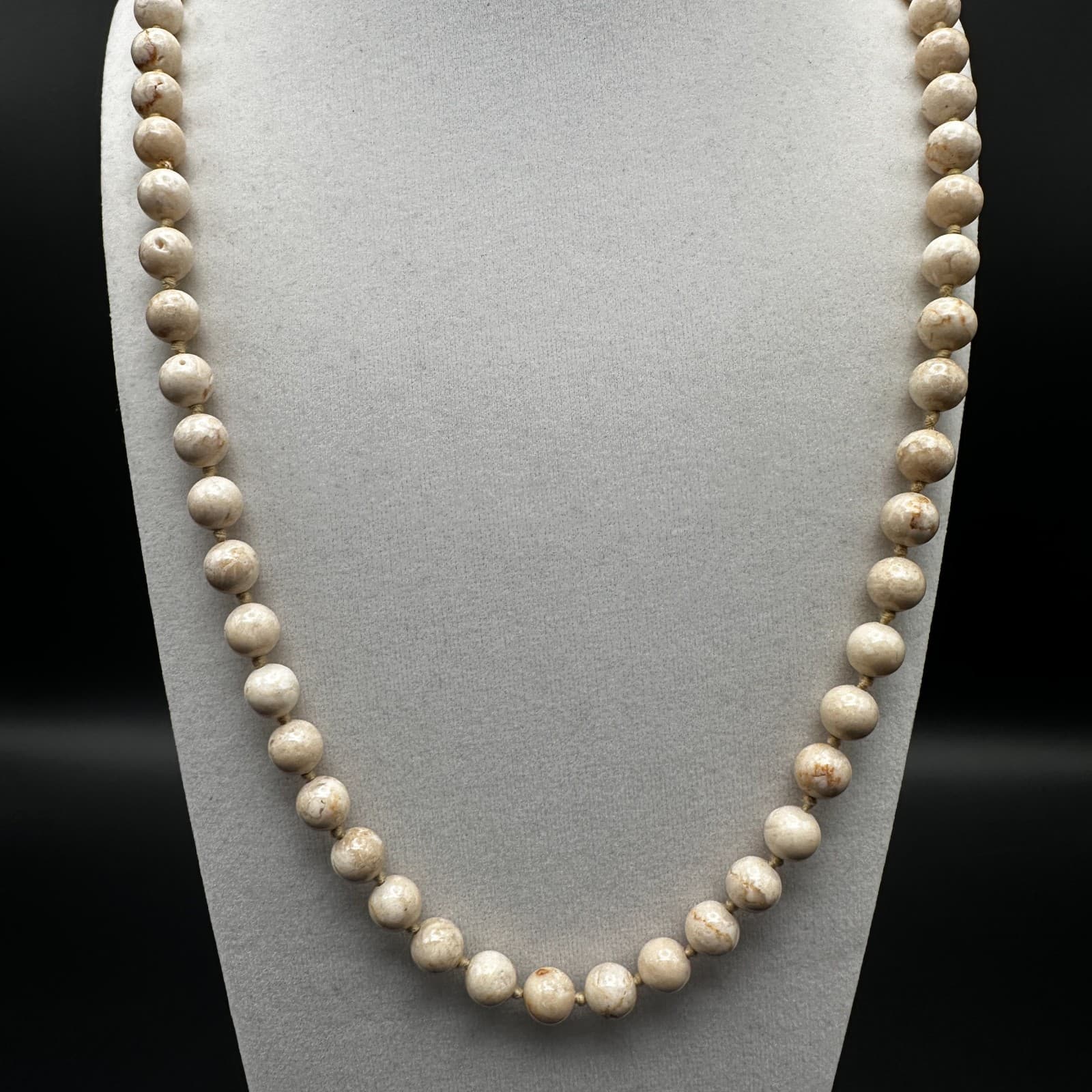 Vintage 90s Natural Treated Jasper Stone Bead Strand Necklace Cream Jewelry - Thumbnail 2