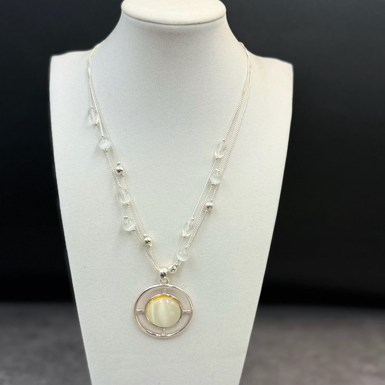 Vintage VTG Dual Strand Pendant Necklace White Cats Eye Stone Silver Tone Beaded - Thumbnail 11