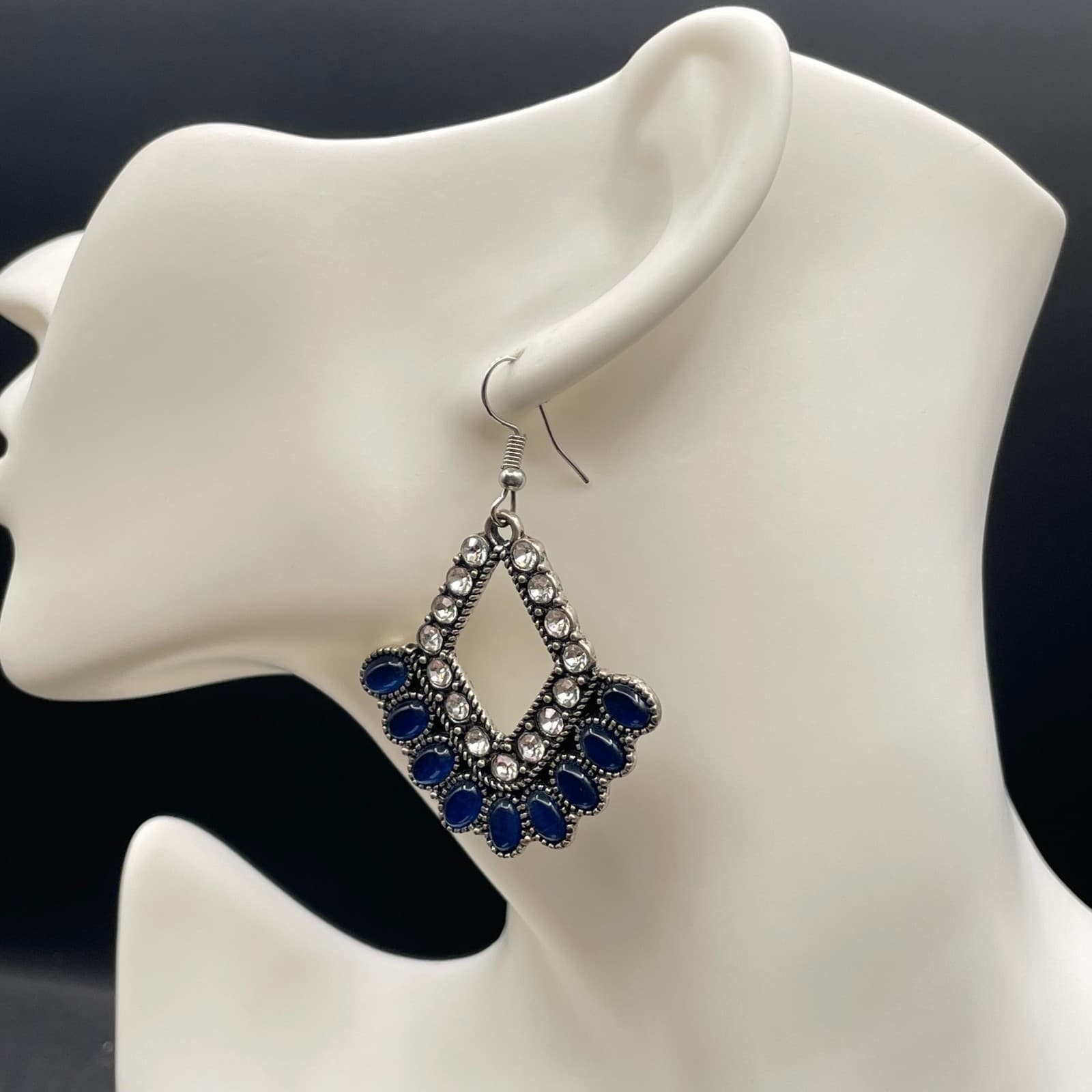 Bohemian Silver-Tone Rhinestone Embellished Beaded Drop Fringe Hoop Earrings - Thumbnail 11