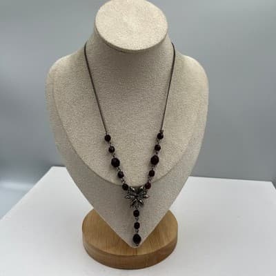 Vintage Gunmetal Tone Red Beads Floral Garnet Pendant Necklace Y-Chain Statement - Thumbnail 6