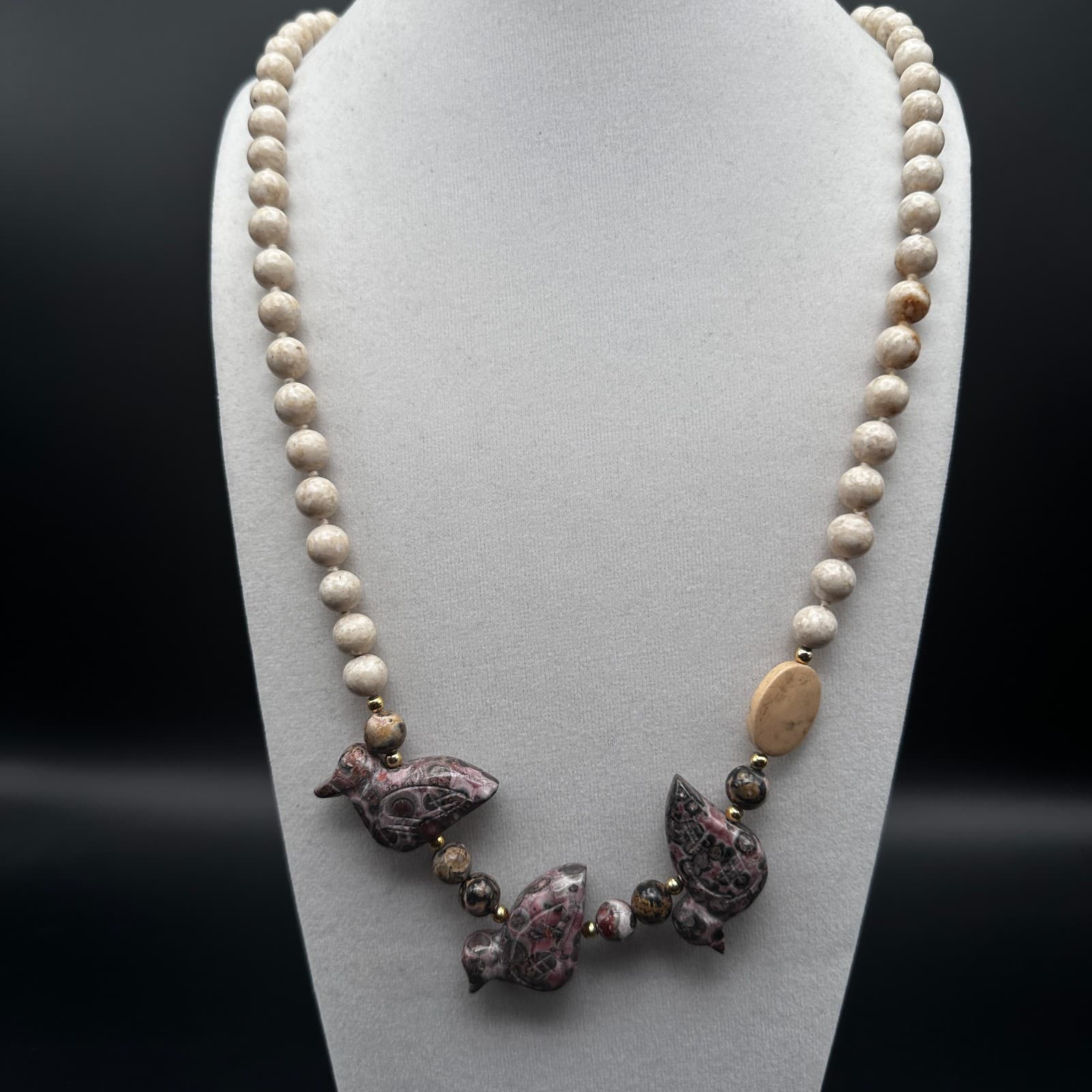 Vintage 90s Jasper Bird Fetish Necklace Multi-Stone Beaded Boho Women's Jewelry - Thumbnail 2