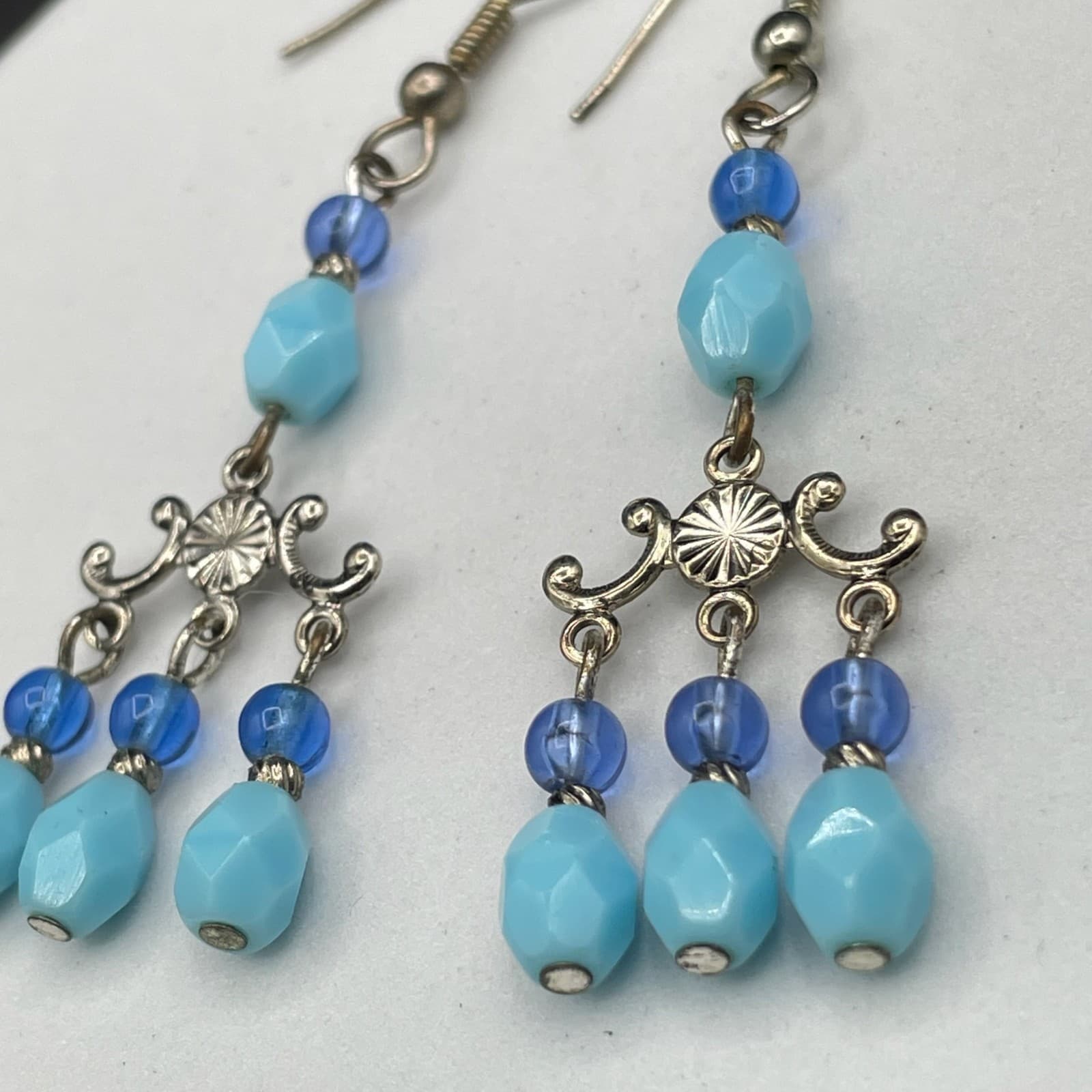 Vintage Silver-Tone Blue Glass Teardrop Beaded Chandelier Dangle Earrings - Thumbnail 5