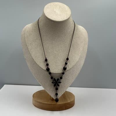 Vintage Gunmetal Tone Red Beads Floral Garnet Pendant Necklace Y-Chain Statement - Thumbnail 4