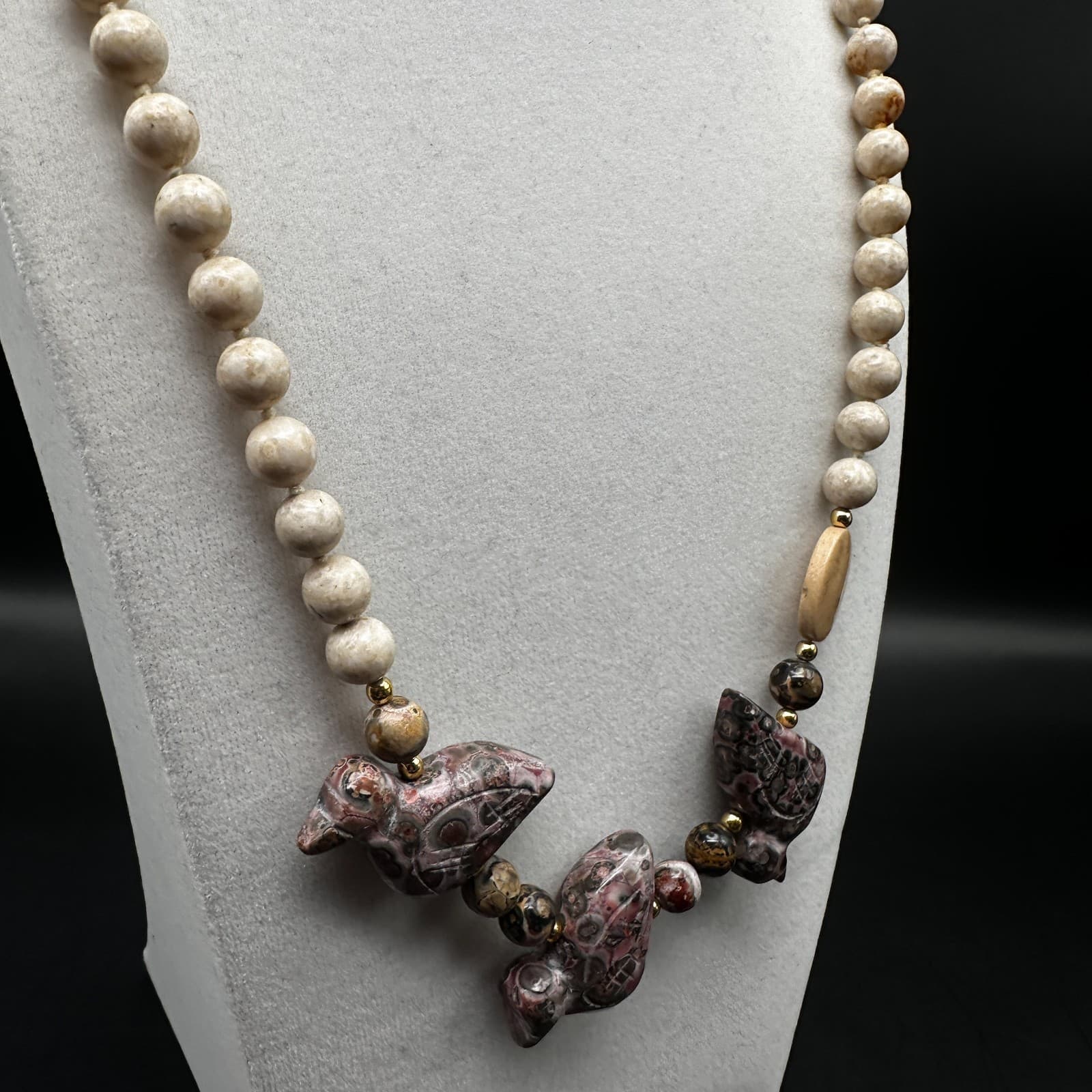 Vintage 90s Jasper Bird Fetish Necklace Multi-Stone Beaded Boho Women's Jewelry - Thumbnail 3