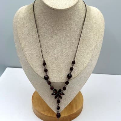 Vintage Gunmetal Tone Red Beads Floral Garnet Pendant Necklace Y-Chain Statement - Image 1