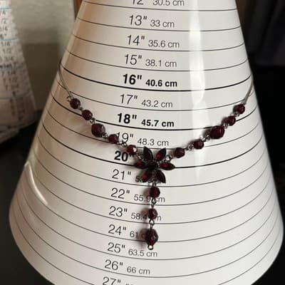 Vintage Gunmetal Tone Red Beads Floral Garnet Pendant Necklace Y-Chain Statement - Thumbnail 7