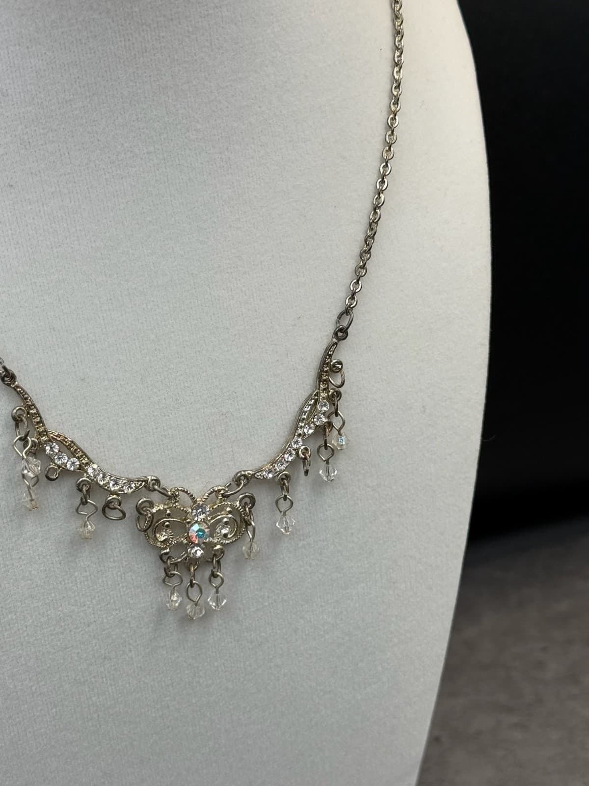Vintage Style Silver Tone Rhinestone Filigree Dangle Choker Necklace Women's - Thumbnail 9