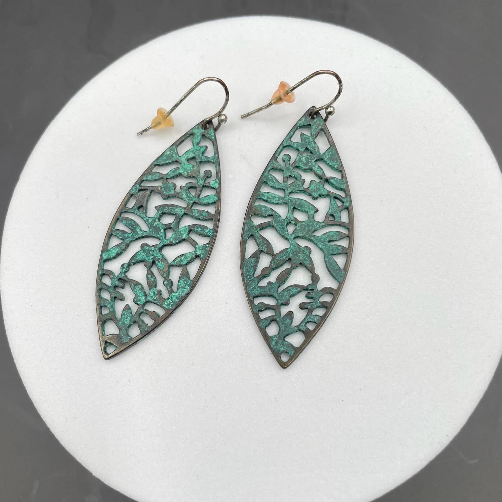 Vintage Ethnic Skeleton Leaf Bronze Turquoise Patina Finish Hook Earrings - Image 1