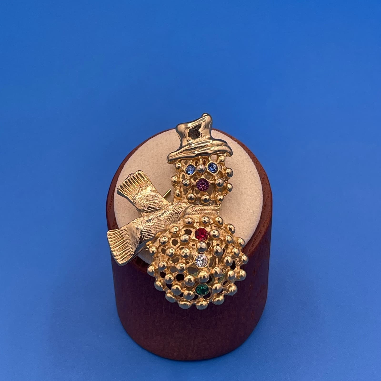 Vintage VTG Gold Tone Snowman Brooch Pin Scarf Multi-Color Rhinestone Christmas - Image 1