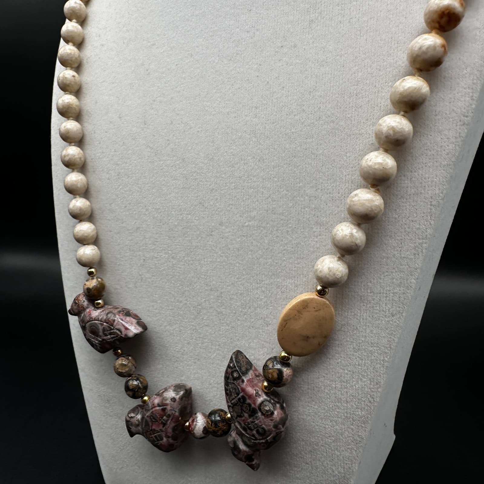 Vintage 90s Jasper Bird Fetish Necklace Multi-Stone Beaded Boho Women's Jewelry - Thumbnail 4