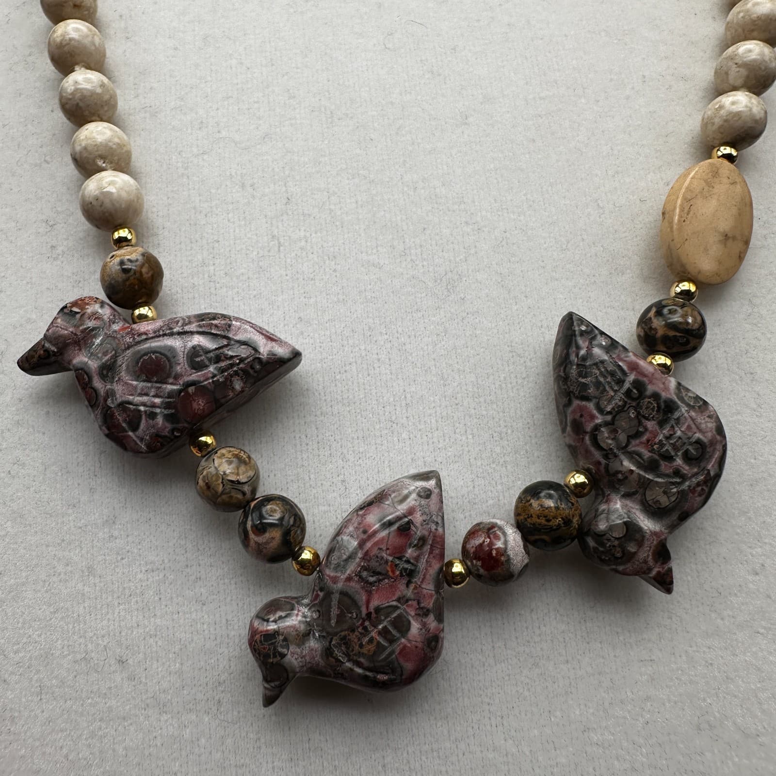 Vintage 90s Jasper Bird Fetish Necklace Multi-Stone Beaded Boho Women's Jewelry - Thumbnail 6