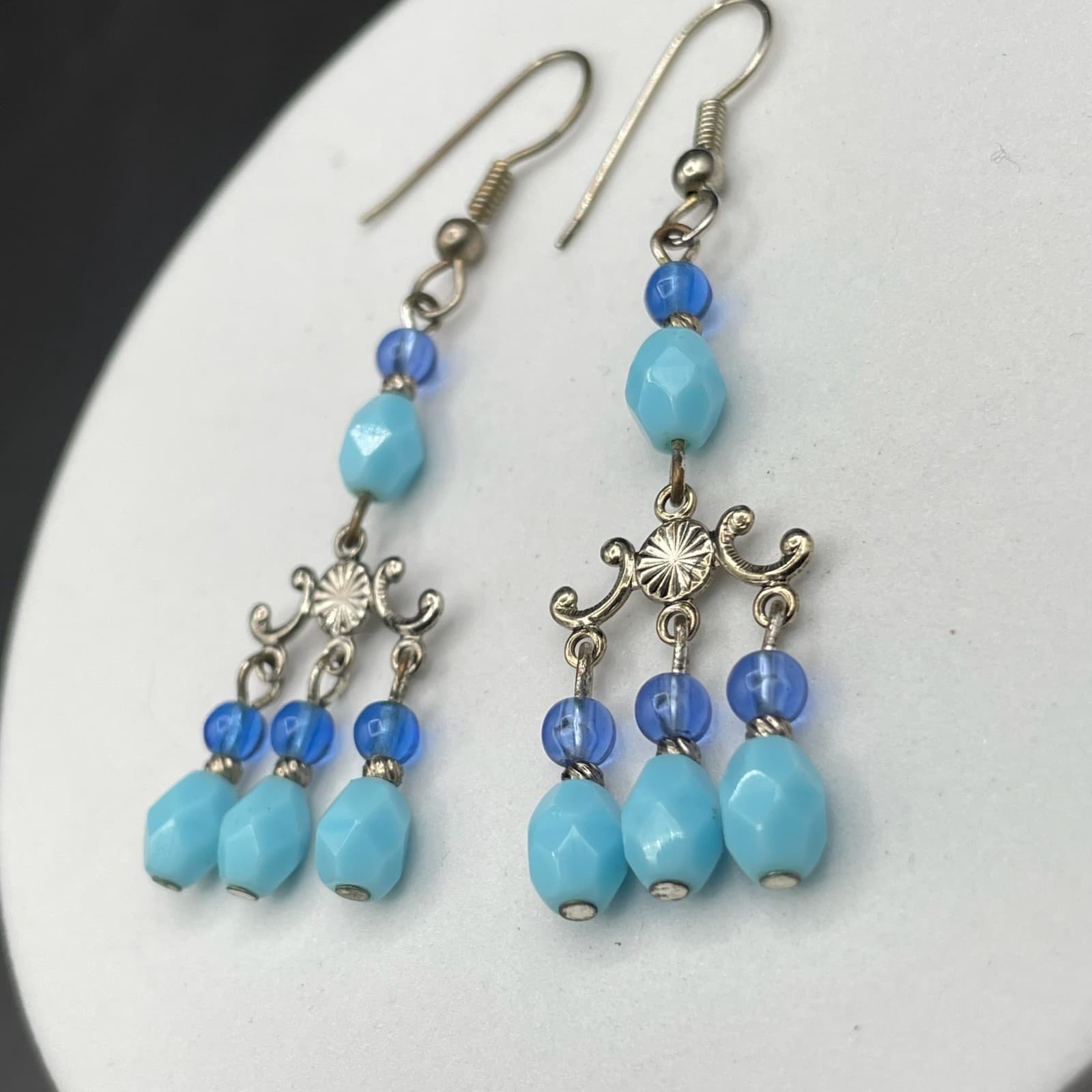 Vintage Silver-Tone Blue Glass Teardrop Beaded Chandelier Dangle Earrings - Thumbnail 3