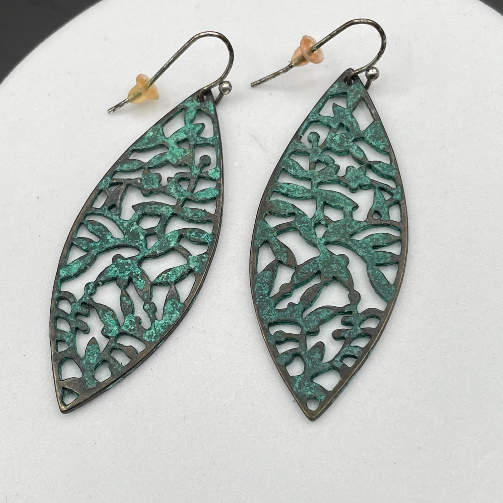 Vintage Ethnic Skeleton Leaf Bronze Turquoise Patina Finish Hook Earrings - Thumbnail 2