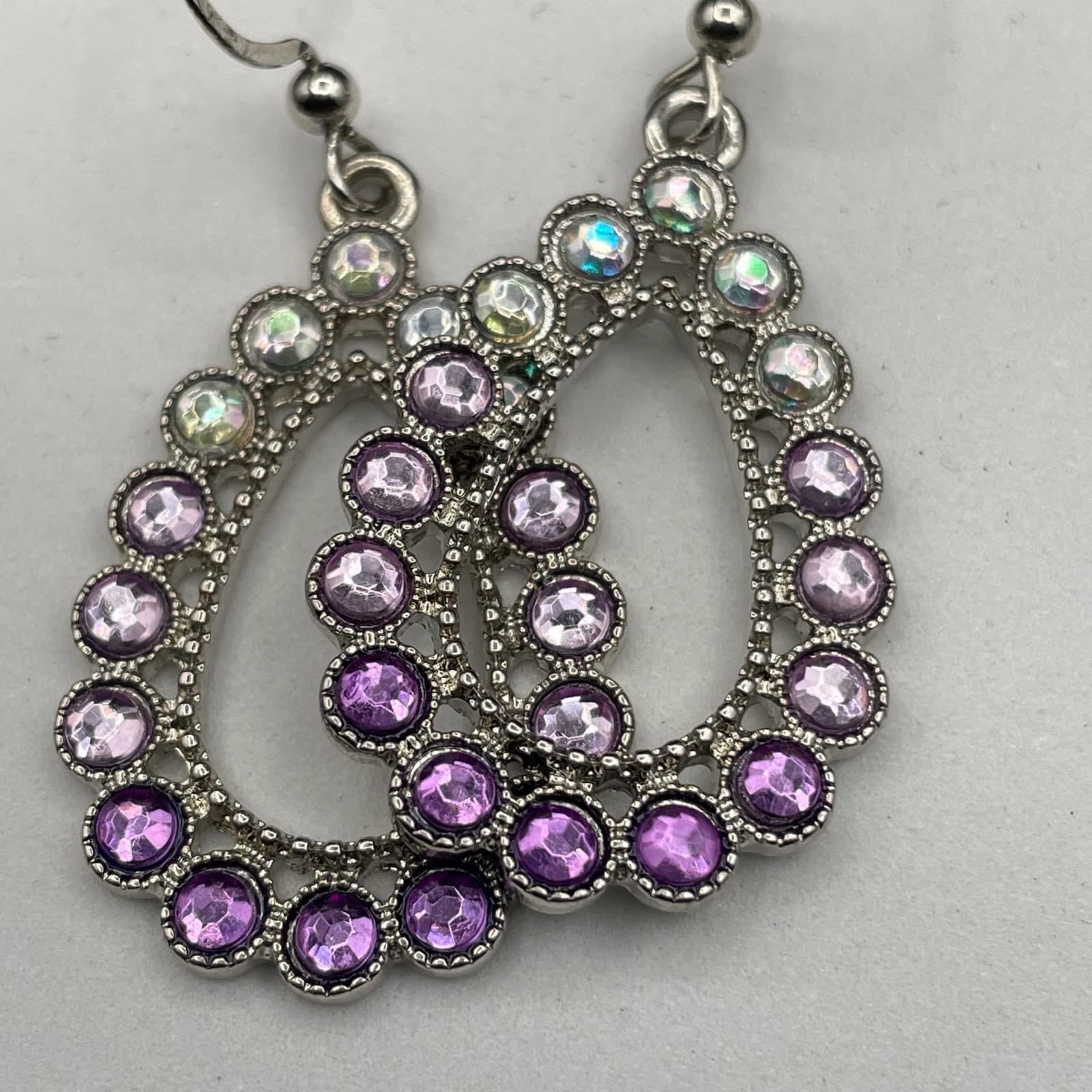 Vintage Purple White Crystal Stone Ombré Silver-Tone Dangle Drop Earrings - Thumbnail 3