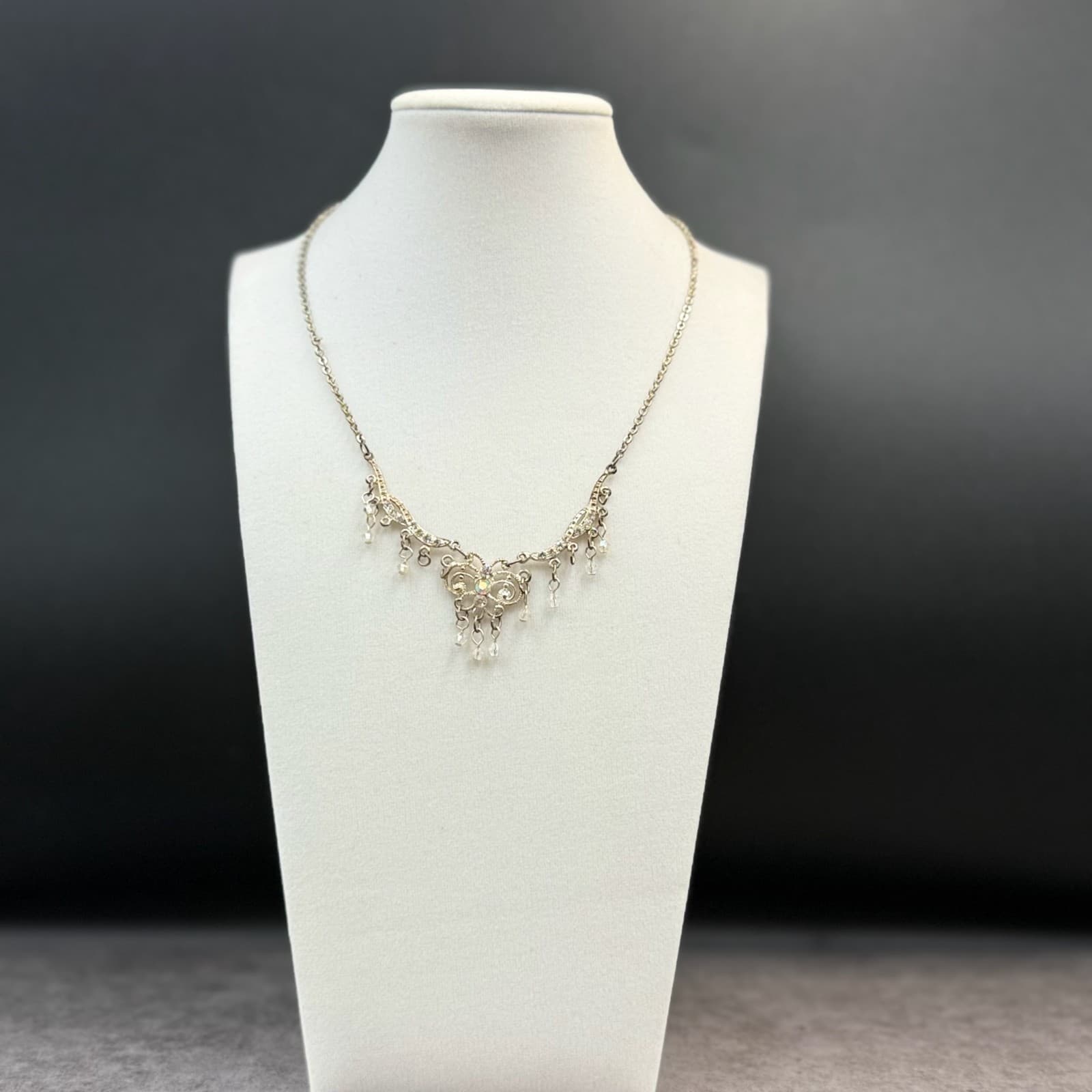 Vintage Style Silver Tone Rhinestone Filigree Dangle Choker Necklace Women's - Image 1