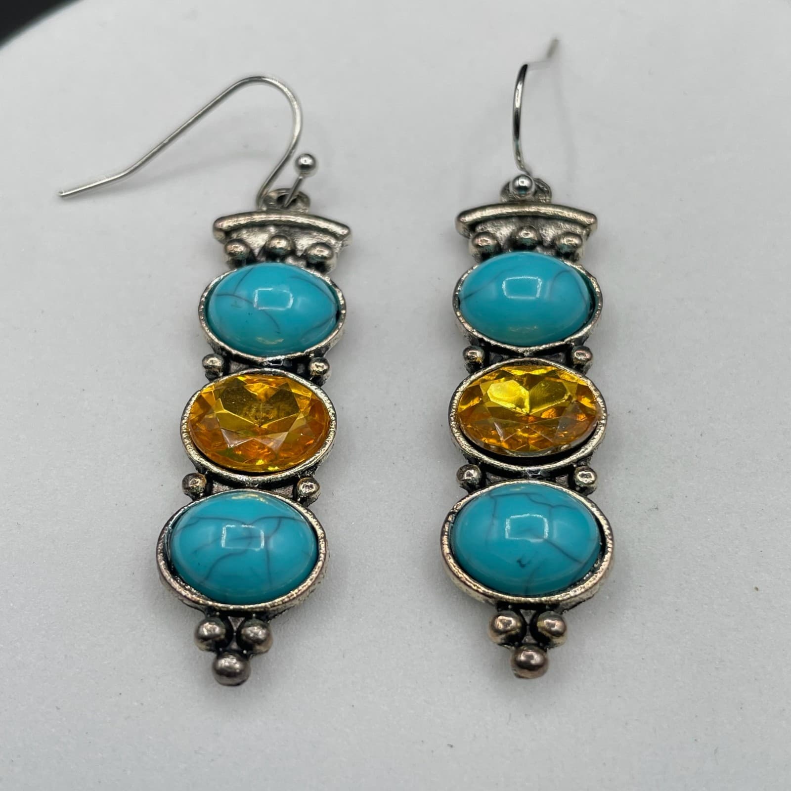 Vintage Turquoise & Amber Plastic Silver-Tone Tear-Drop Fashion Dangle Earrings - Thumbnail 5