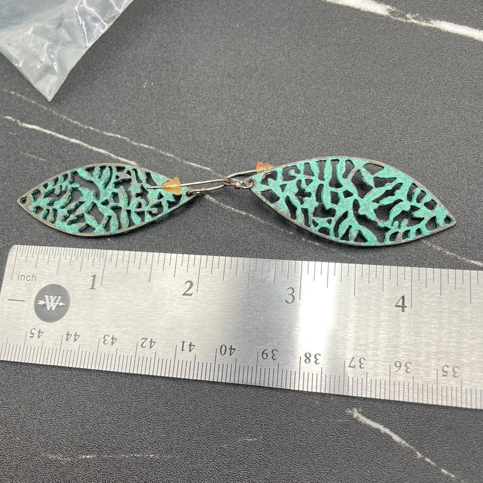 Vintage Ethnic Skeleton Leaf Bronze Turquoise Patina Finish Hook Earrings - Thumbnail 7