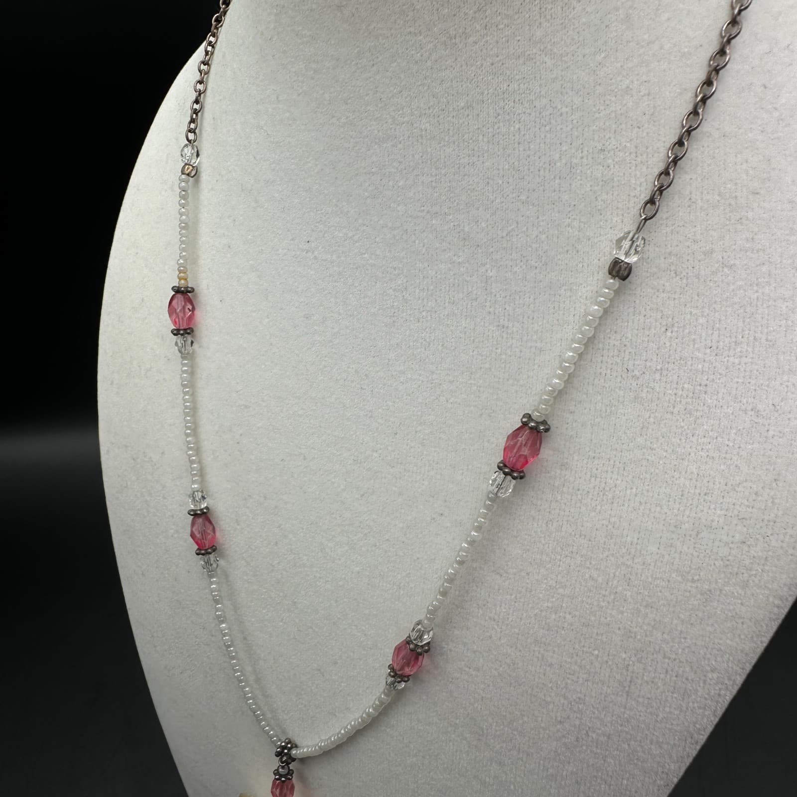 Vintage 90s Mother of Pearl Rose Pendant Necklace Pink Glass Beads Handmade - Thumbnail 7