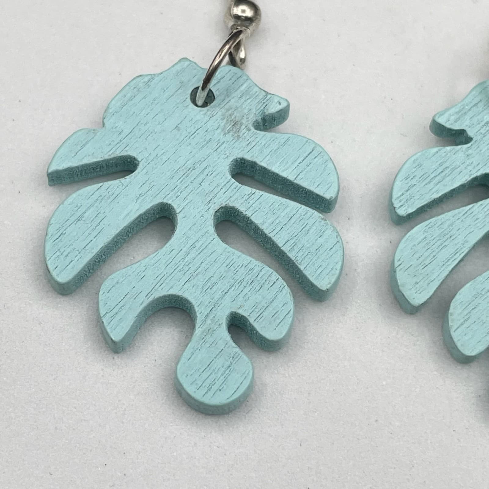 Vintage Blue Painted Wooden Palm Leaf Fashion Retro Danngle Earrings - Thumbnail 4