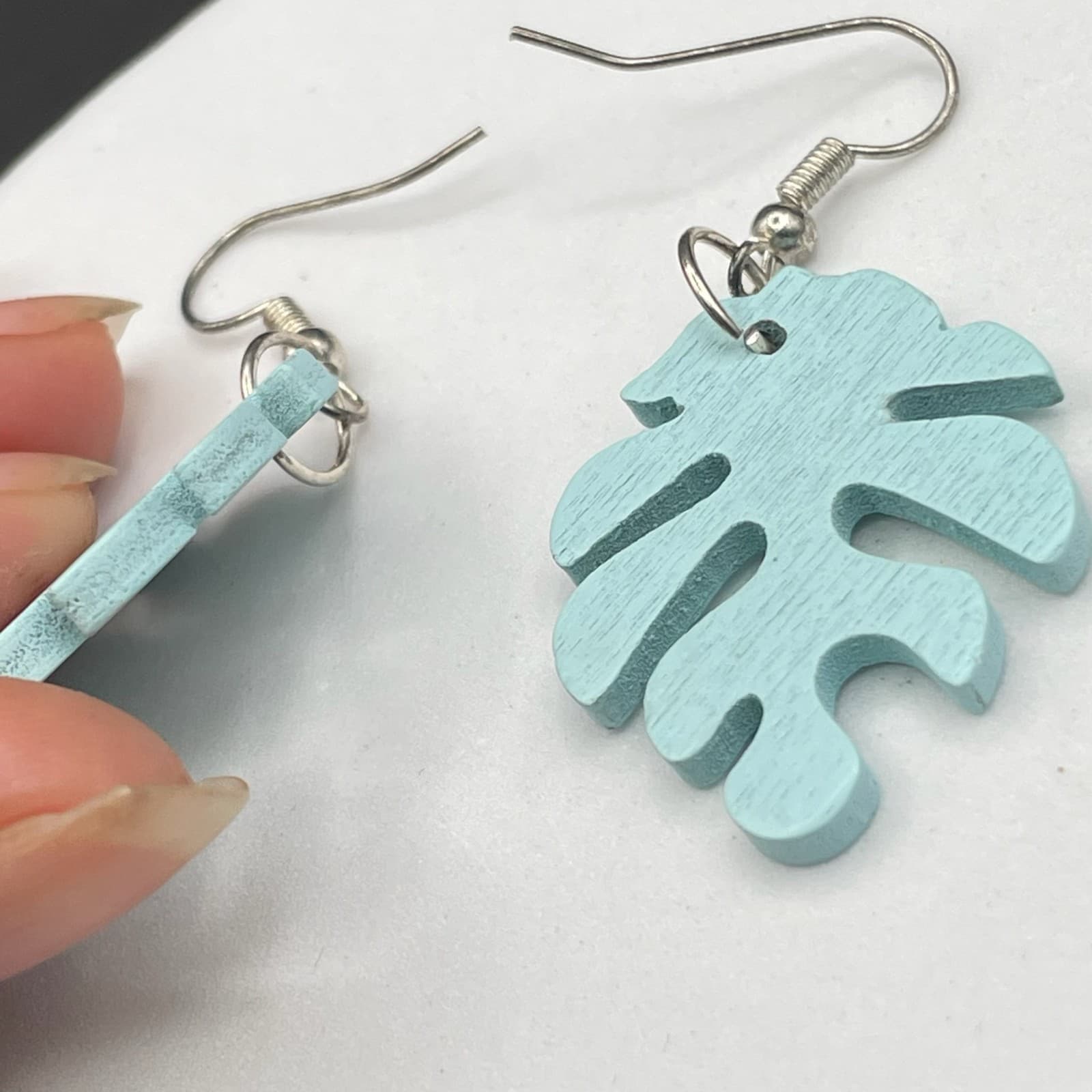 Vintage Blue Painted Wooden Palm Leaf Fashion Retro Danngle Earrings - Thumbnail 7